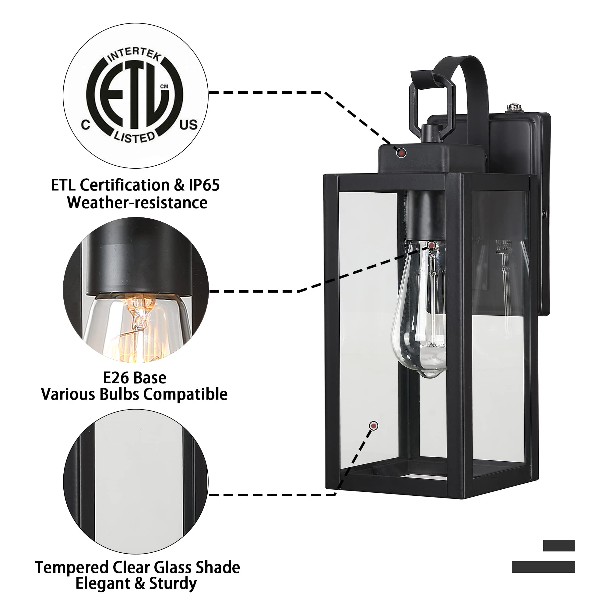 Pia Ricco Outdoor Wall Lights, Dusk To Dawn Matte Black Exterior Light Fixture With Clear Glass Shade, Photocell Sensor Front Po