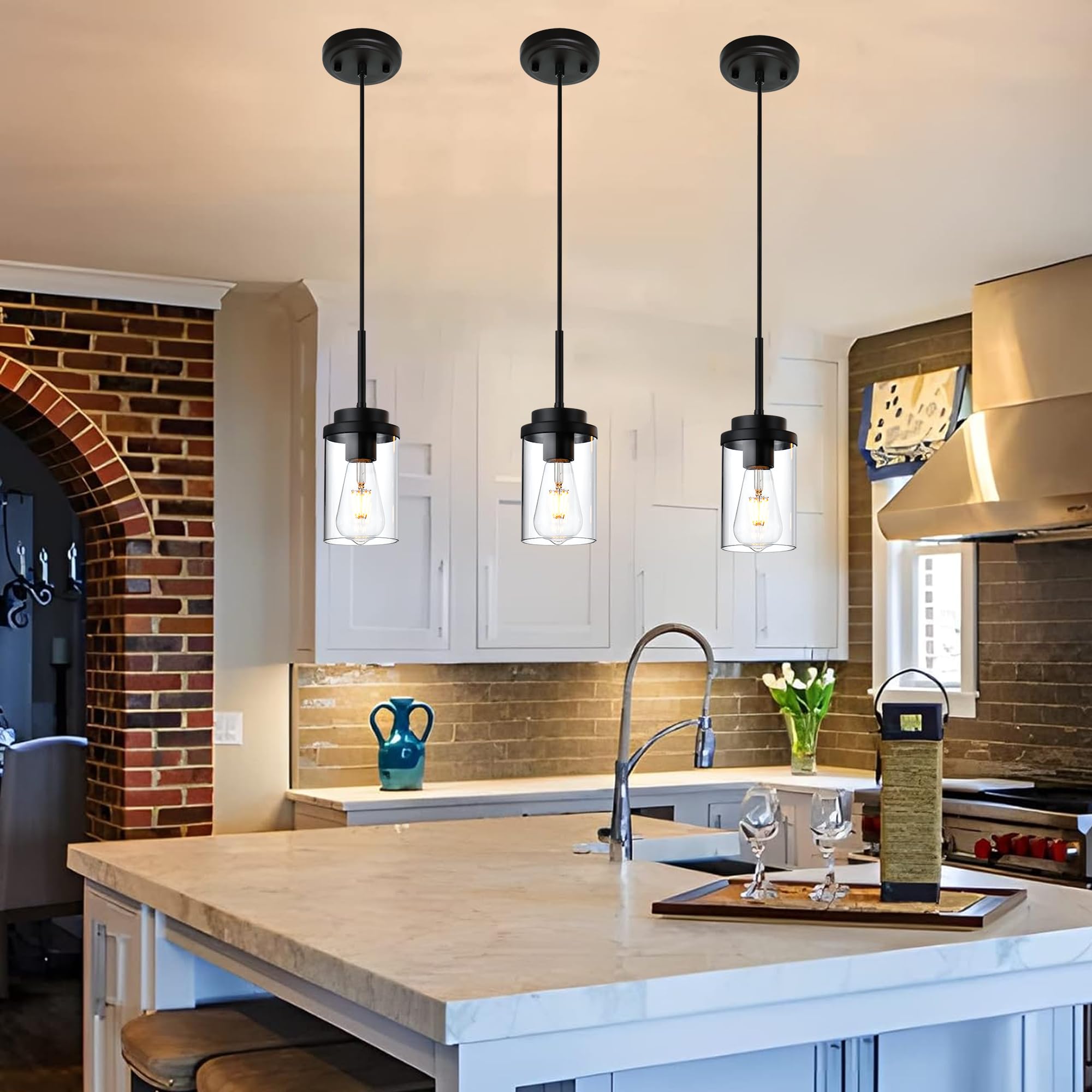 MELUCEE Hanging Pendant Light Fixtures, Adjustable Black Metal Ceiling Lamp with Clear Glass Shade, 3 Pack, Model 4-4501-3P-3BL