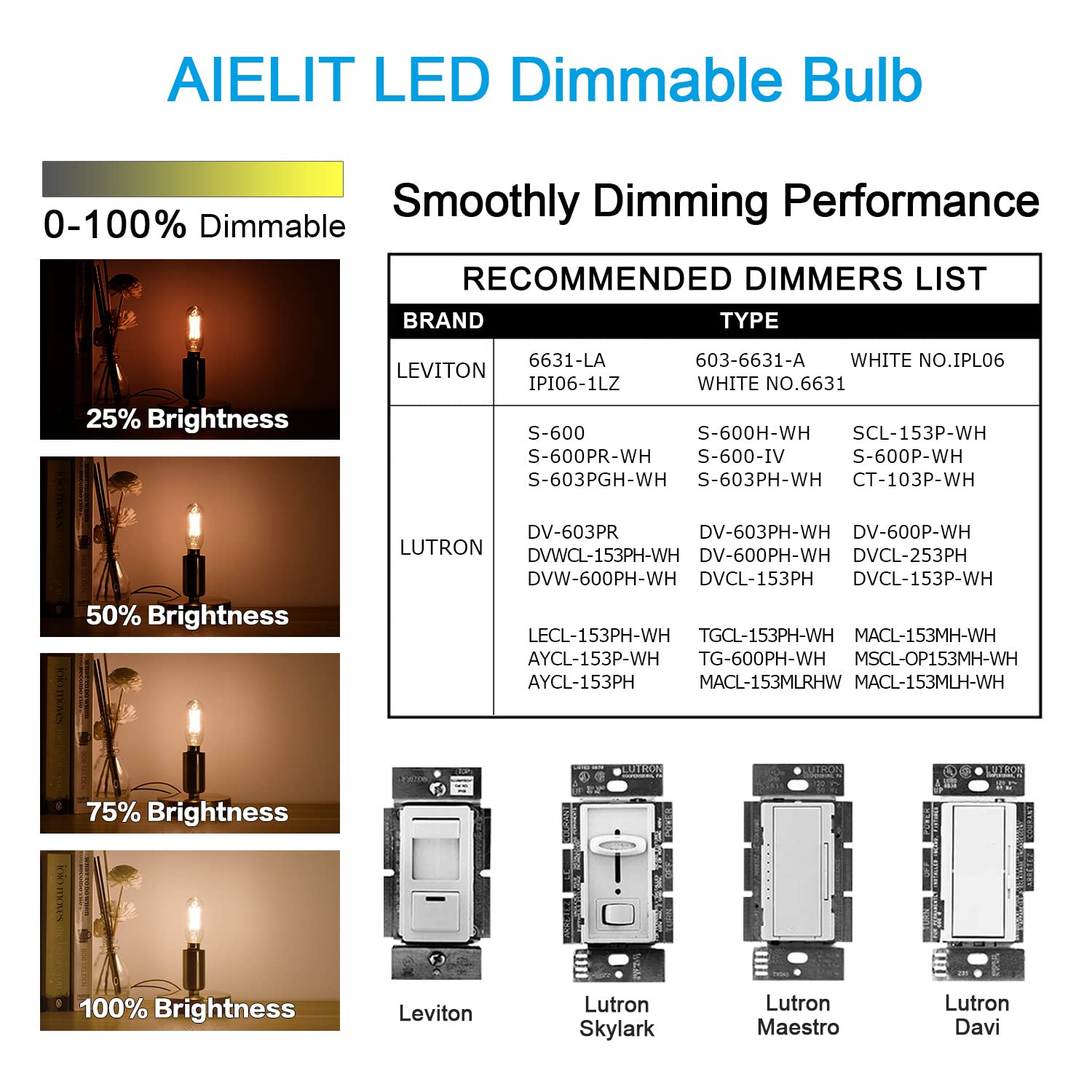 AIELIT T8 LED Light Bulb, Dimmable 4W, Soft White 3000K, Glass, 4-Pack