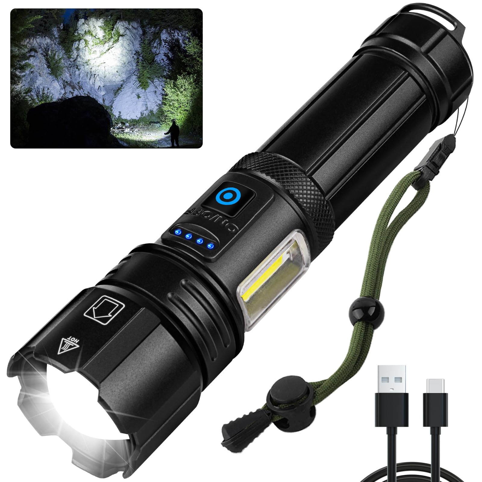 KINGCAESAR Flashlights High Lumens Rechargeable - 90,000 Lumens, Super Bright Flash Light with 5 Modes, IPX7 Waterproof Powerful