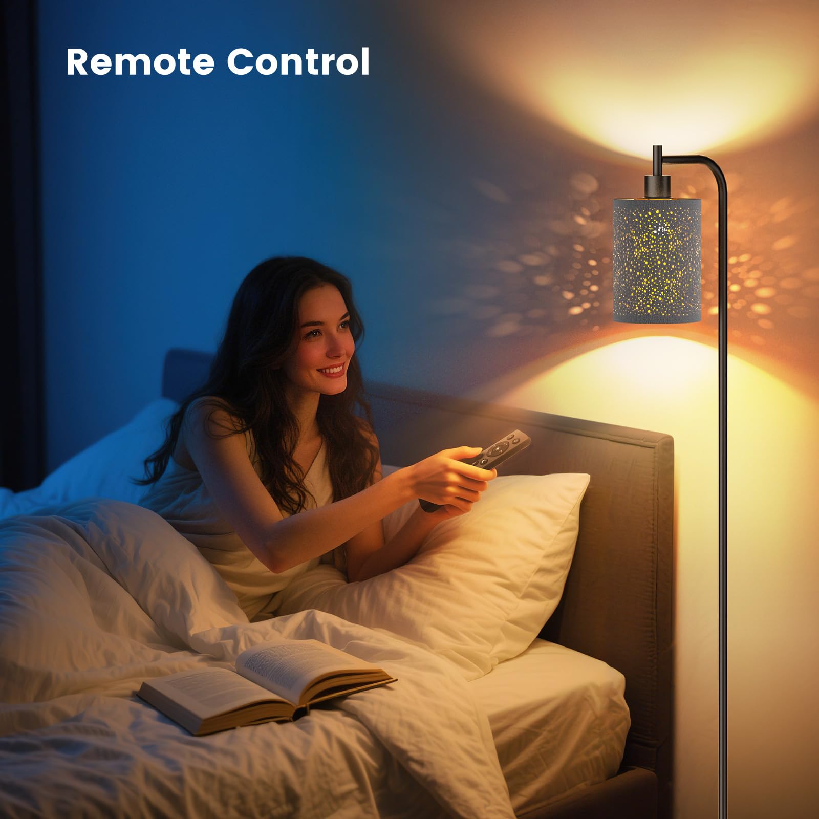 SIBRILLE Dimmable Floor Lamp with Remote Control, 9W LED, Linen Shade, Starry Sky Finish, Model BP-F072 for Living Room & Office