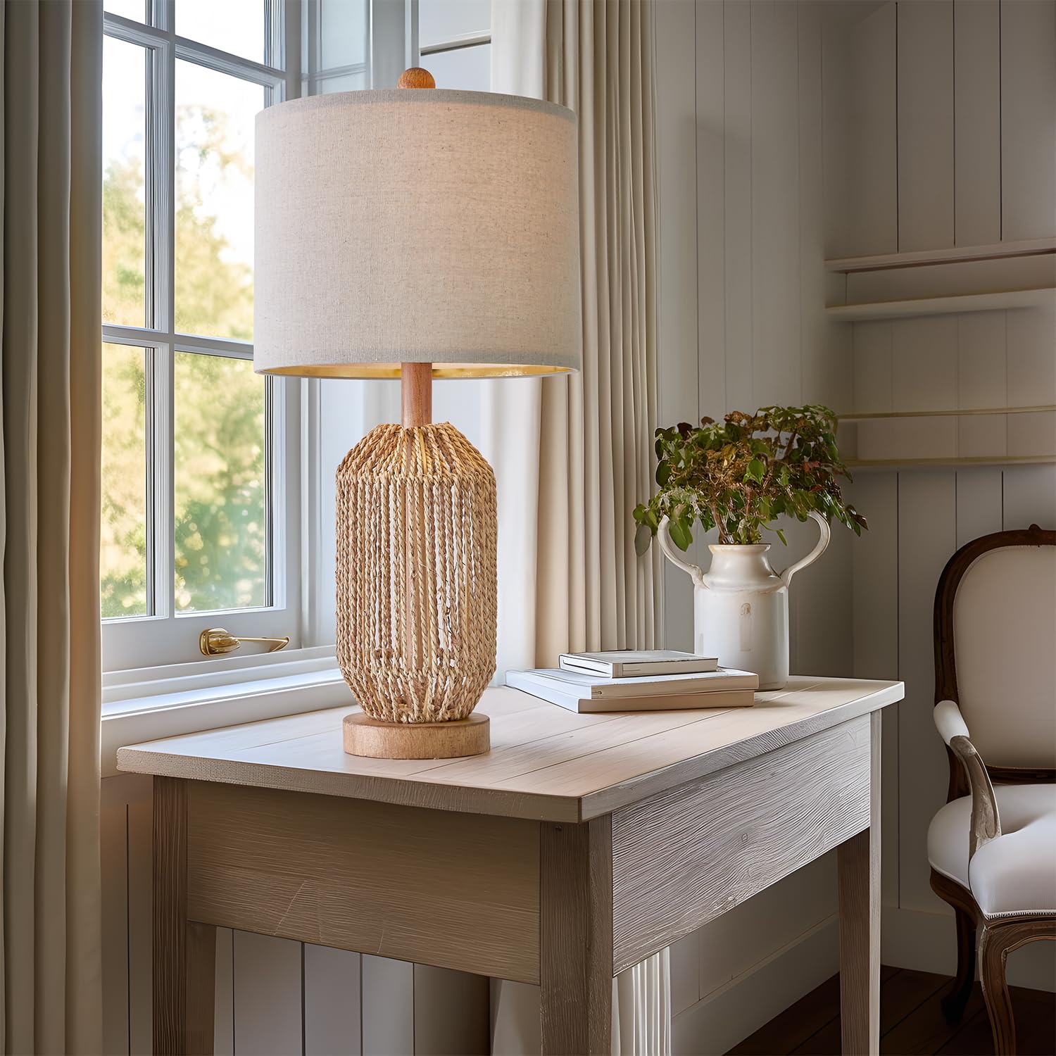 Oyears 21&quot; Boho Rattan Table Lamp - Brown Farmhouse Bedside & Living Room Decor