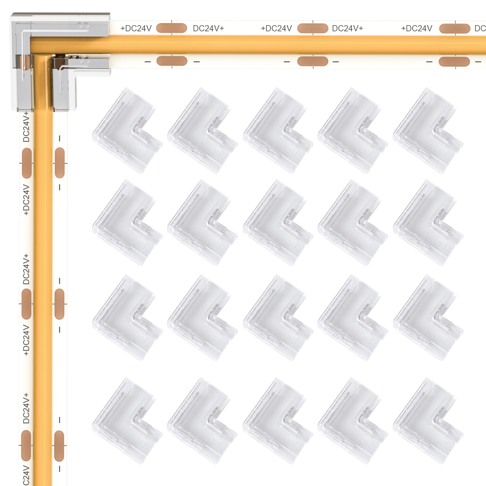 Visdoll 20Pcs Cob Led Light Strip Connectors 8Mm 2Pin,Strip To Strip L-Shaped/Corner Connector Led Tape Light Connectors, Transparent Solderless Gapless No Dark Area For Diy Cob/Smd Strip Lights