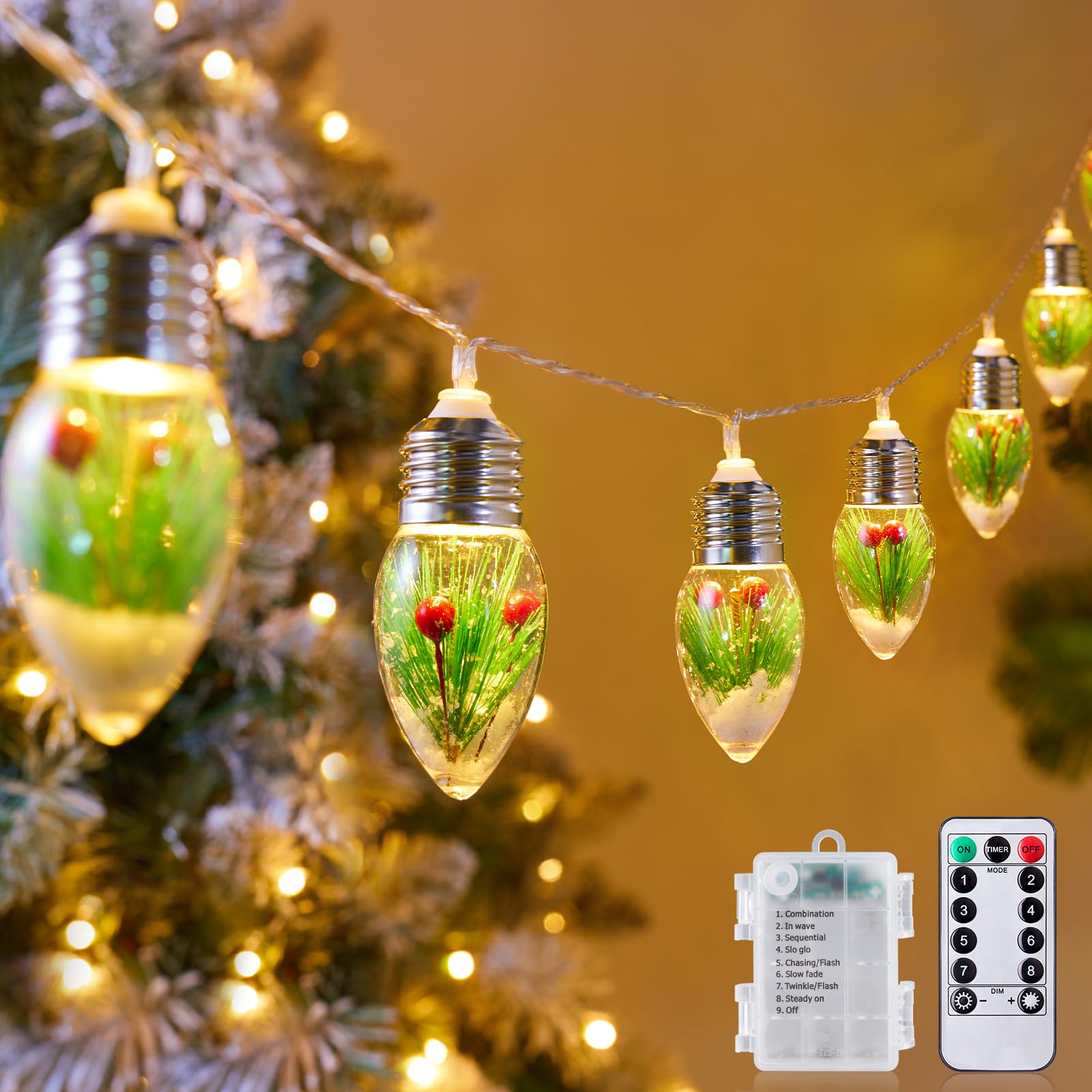 Brightown Christmas Lights Indoor, 7.5Ft Christmas Snow Globe Lights with Berry & Pine Needles,Battery Powered String Lights for