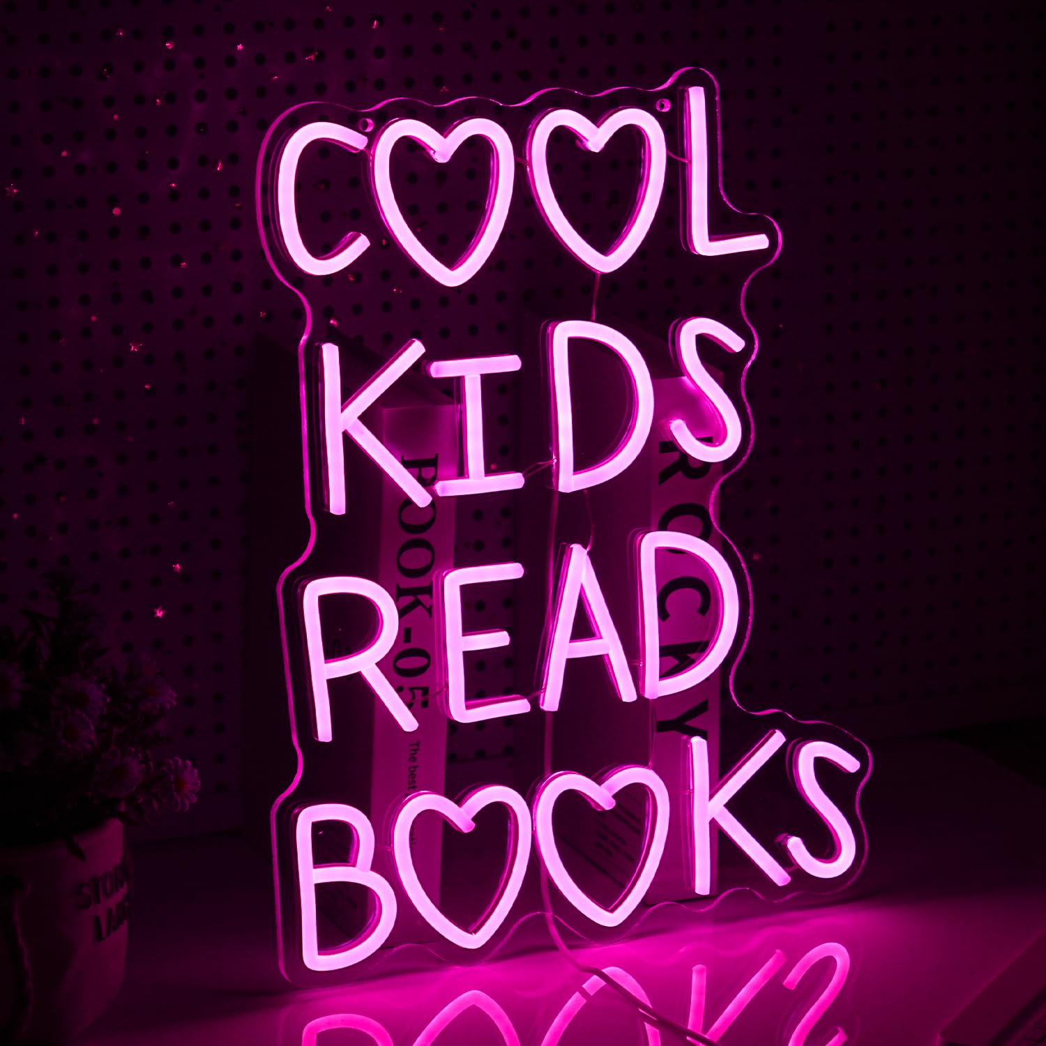 GNVETZLL Neon Sign - Cool Kids Read Books Light, Dimmable, USB Powered, Pink Acrylic, 16.3 x 12.4 In for Classroom & Kids Room Decor