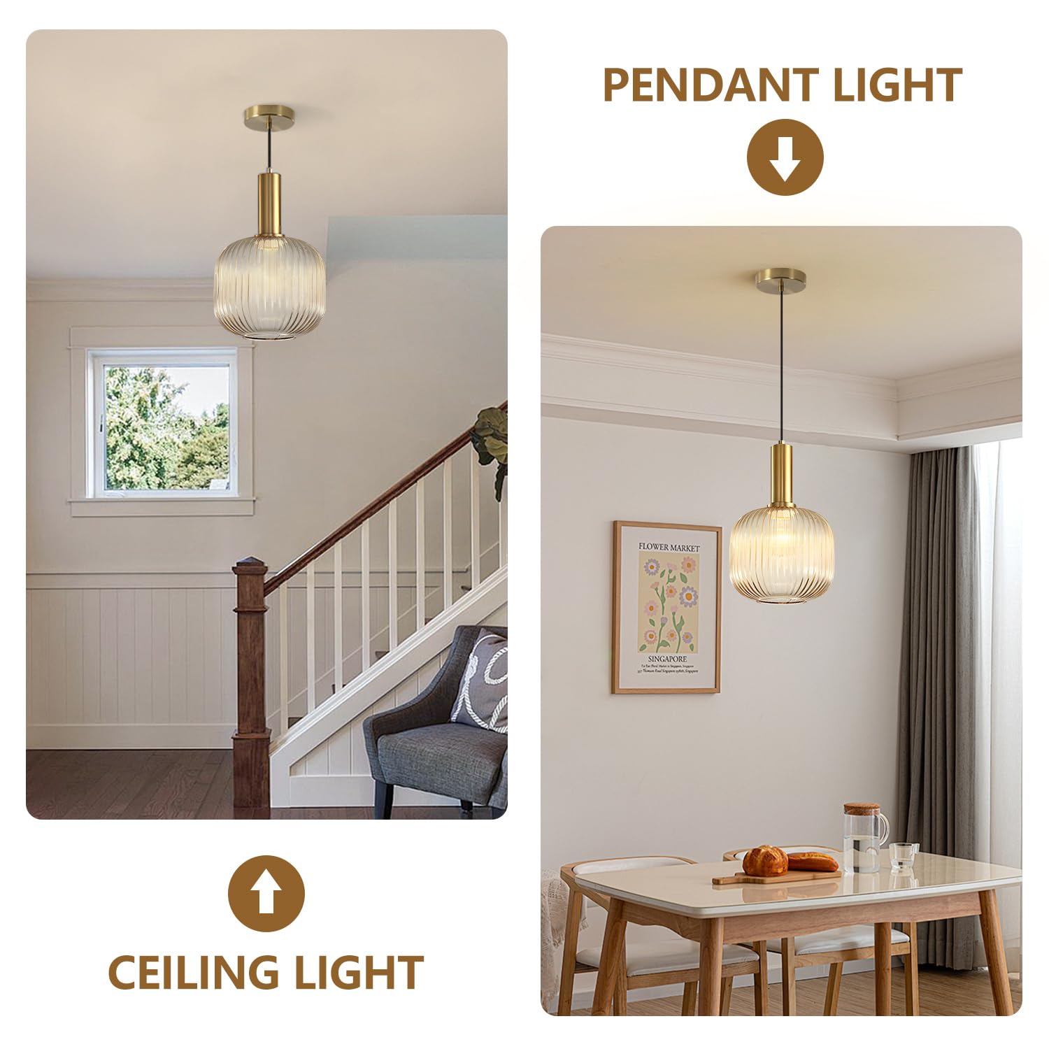 KCO Amber Glass Globe Pendant Light Mid Century Modern Metal Fixture 20cm L1162-A