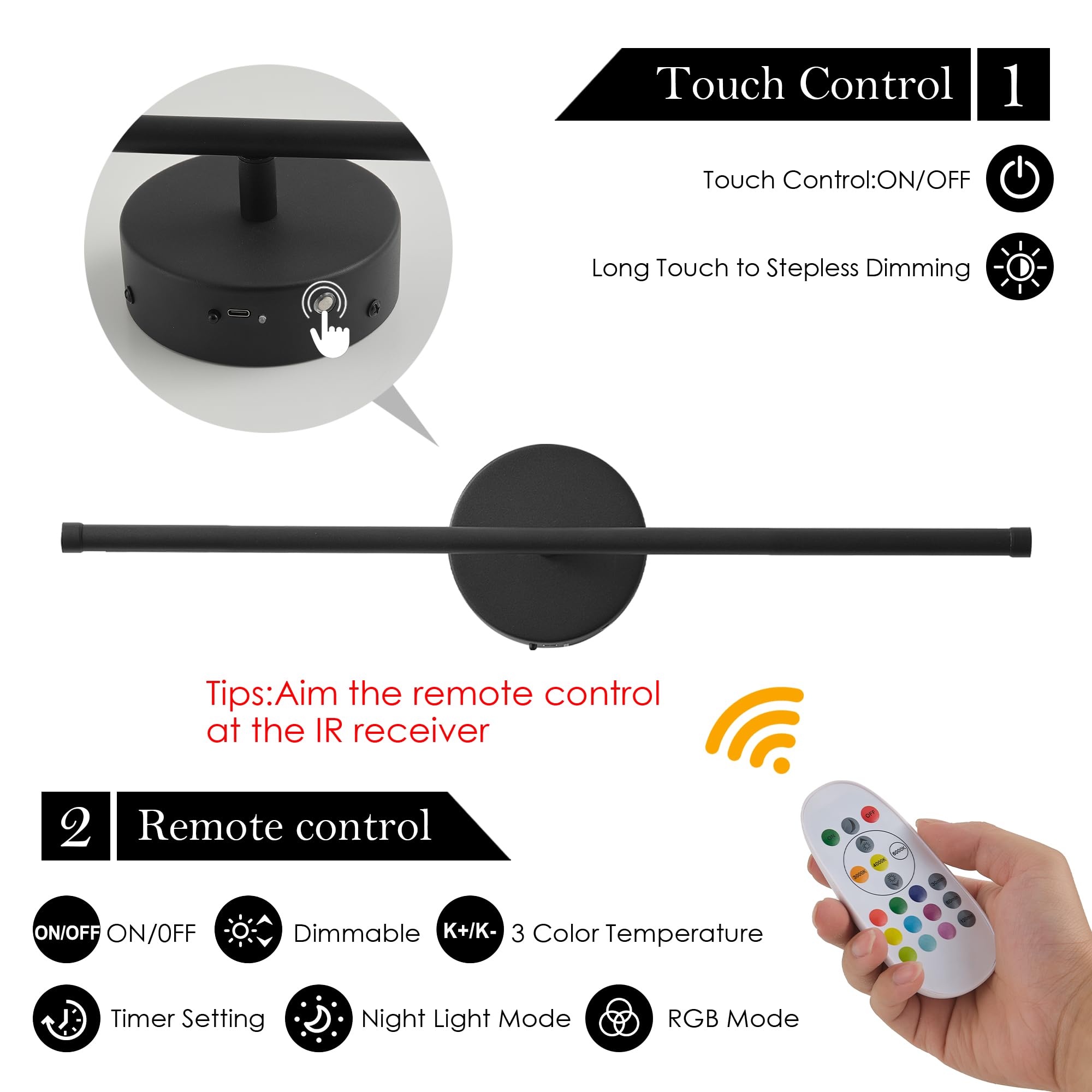 KARTOOSH Battery Operated Wall Sconces Set of Two, Dimmable LED, 20.4 Inch, Black (RGB Colors), Model ZM317BBLR50