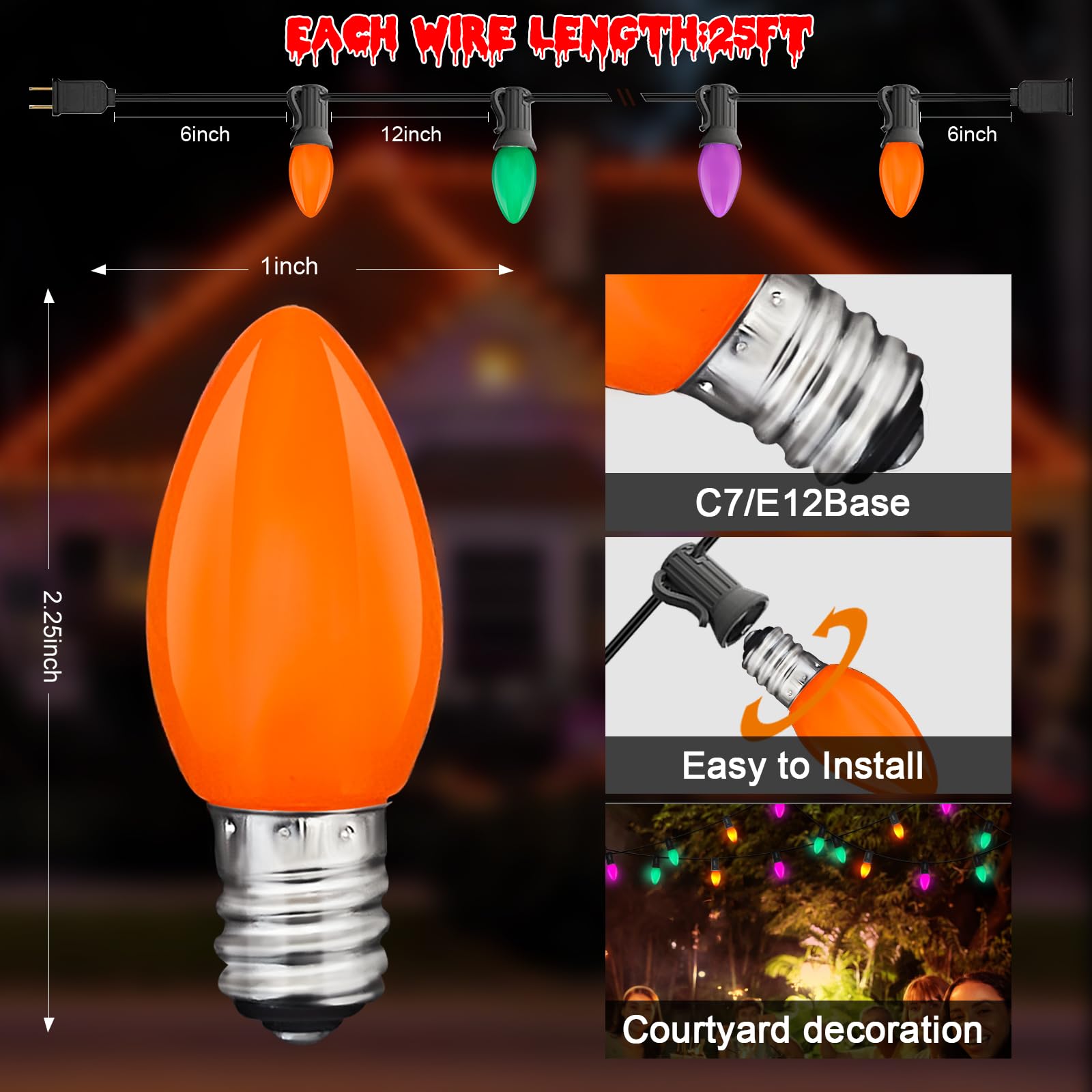 Konictom 25Ft Waterproof Led Halloween Lights - Multicolor C7 Bulbs For Outdoor Indoor Decor