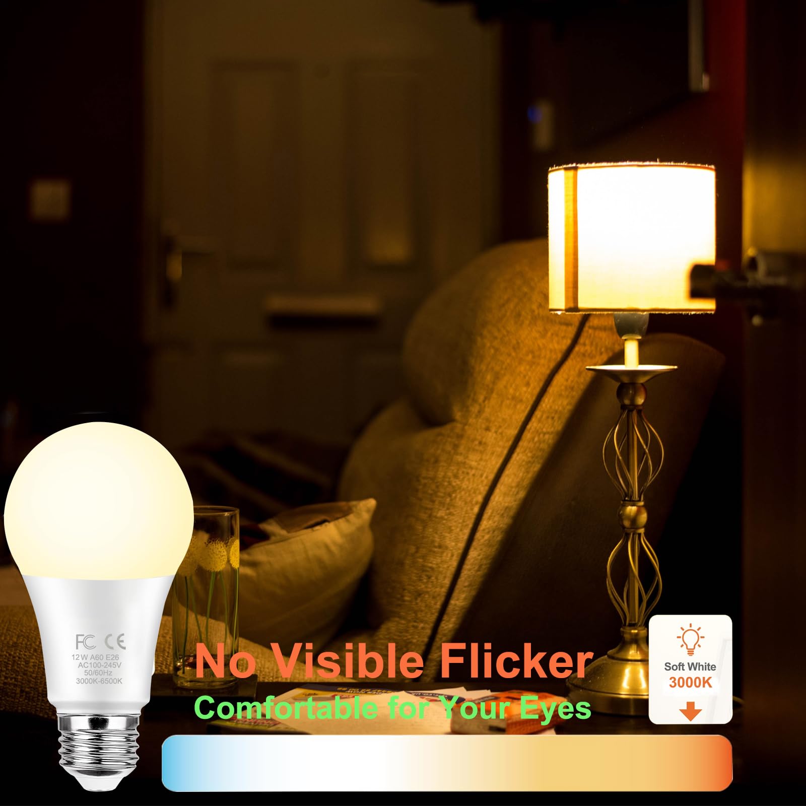 GRV Smart Light Bulb 12W A60, Color Changing, Dimmable 3000-6500K, E26 Base, Includes 1 Bulb & 1 Remote, Plastic