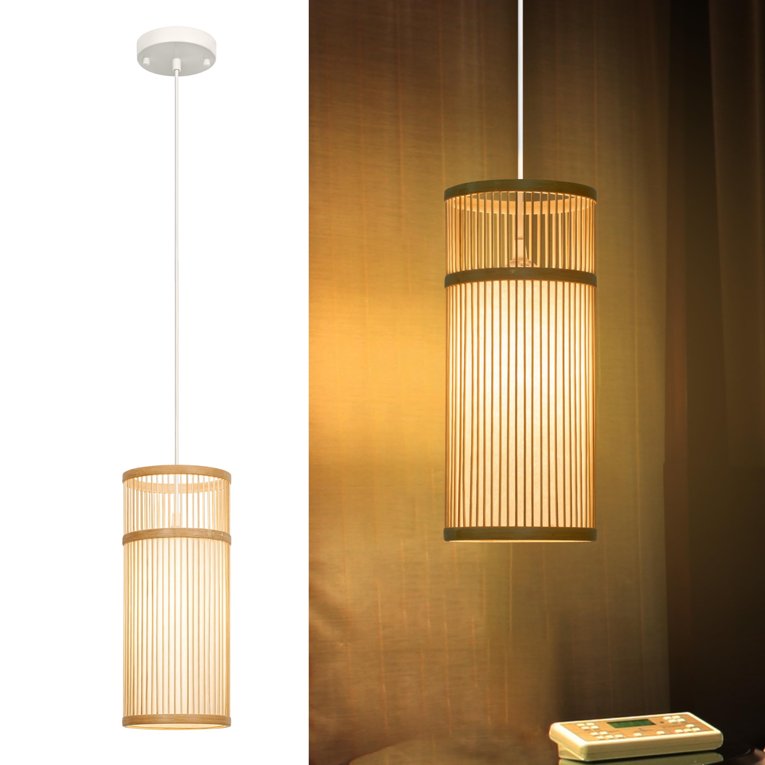 Lumivill Bamboo Pendant Light - Mini Pendant Lights Bedroom - Natural Elegant Woven Pendant Light; Wood Pendant Light for Home D