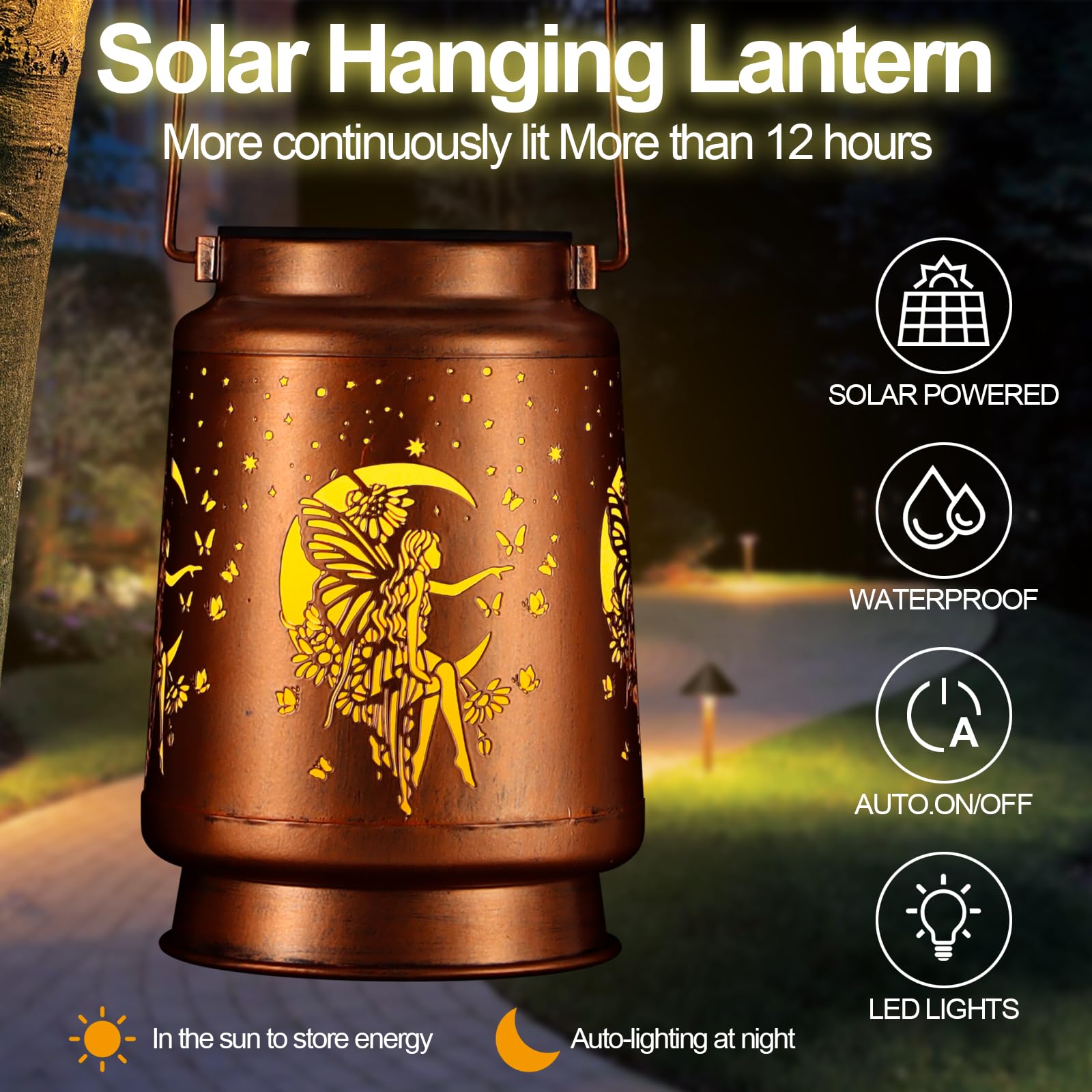 Solar Lantern Outdoor Hanging Waterproof Outside Metal Openwork Hummingbird Pattern Birthday Gifts For Women Mom Landscape Lights For Porch Garden Yard Patio Pathway Decor(Fower Fairy)