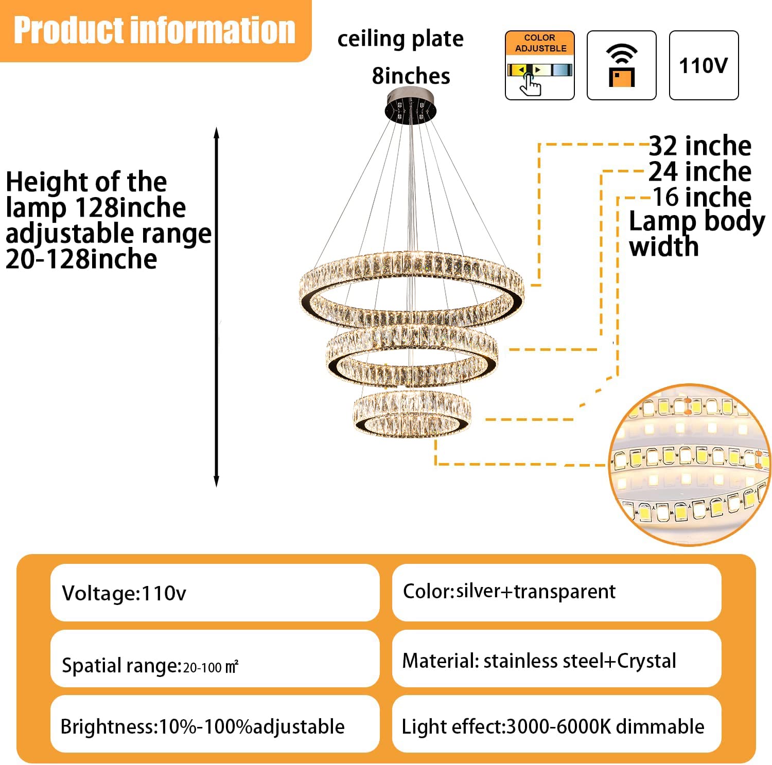 Idequy 3 Rings Crystal Chandeliers 32+24+16 Crystal Ceiling Light Fixture Pendant Lighting Hanging Lamp For Living Room Led Dimmable 3000-6000K