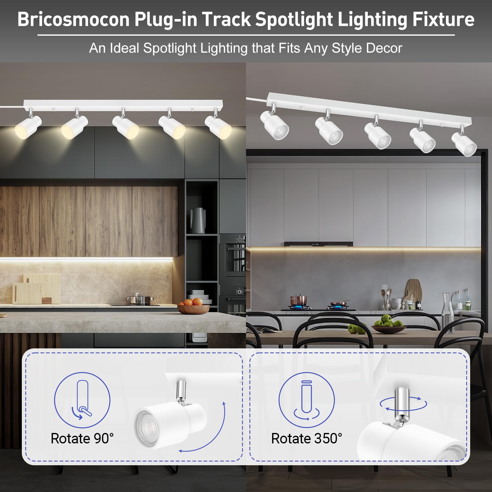 Track Lighting Plug In, 30'' Led Track Light Fixtures Ceiling, White 5 Way Spotlight, Rotatable Track Head, Plug Track Lights Wi