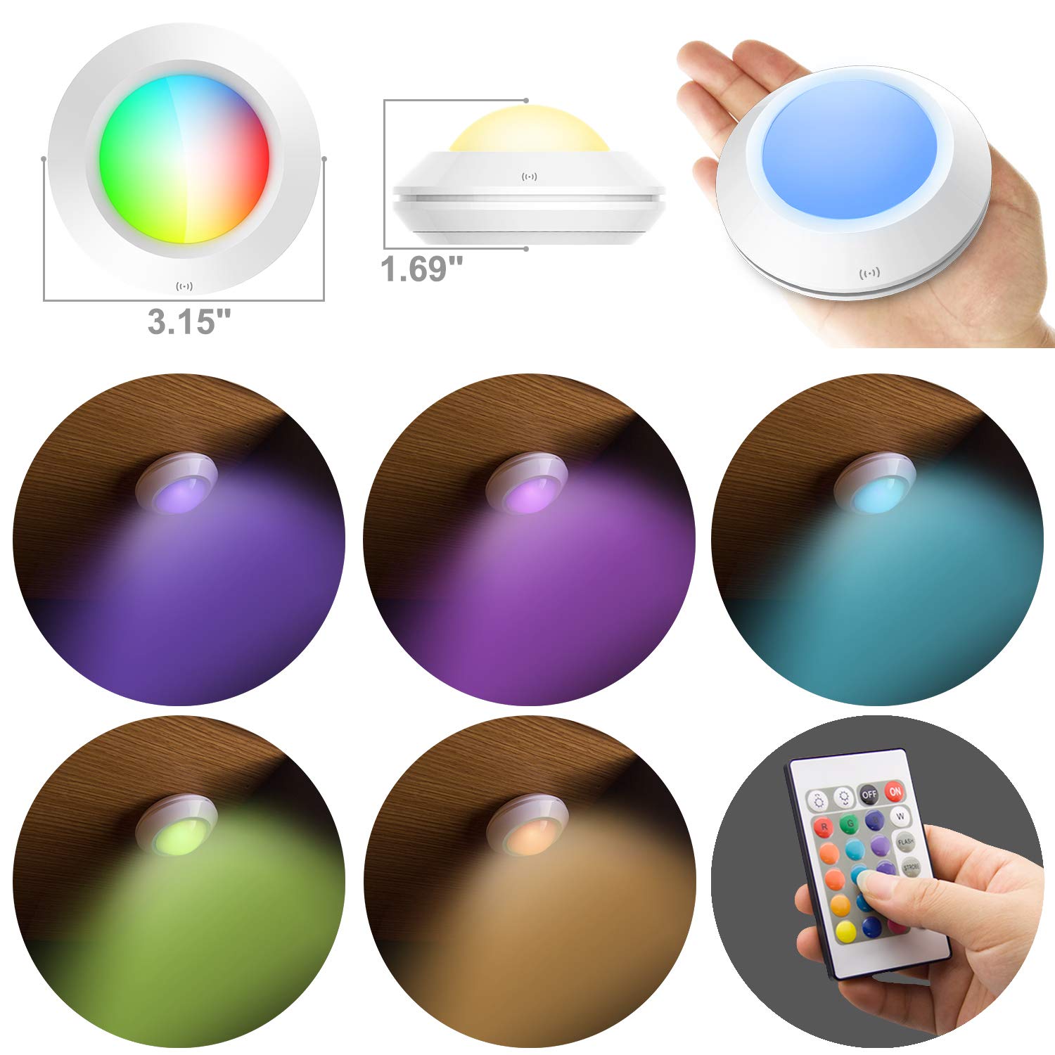 HONWELL LED Puck Lights with Remote, Battery Operated, RGB Color Changing, 3.15 inch, White, Model 8542000756