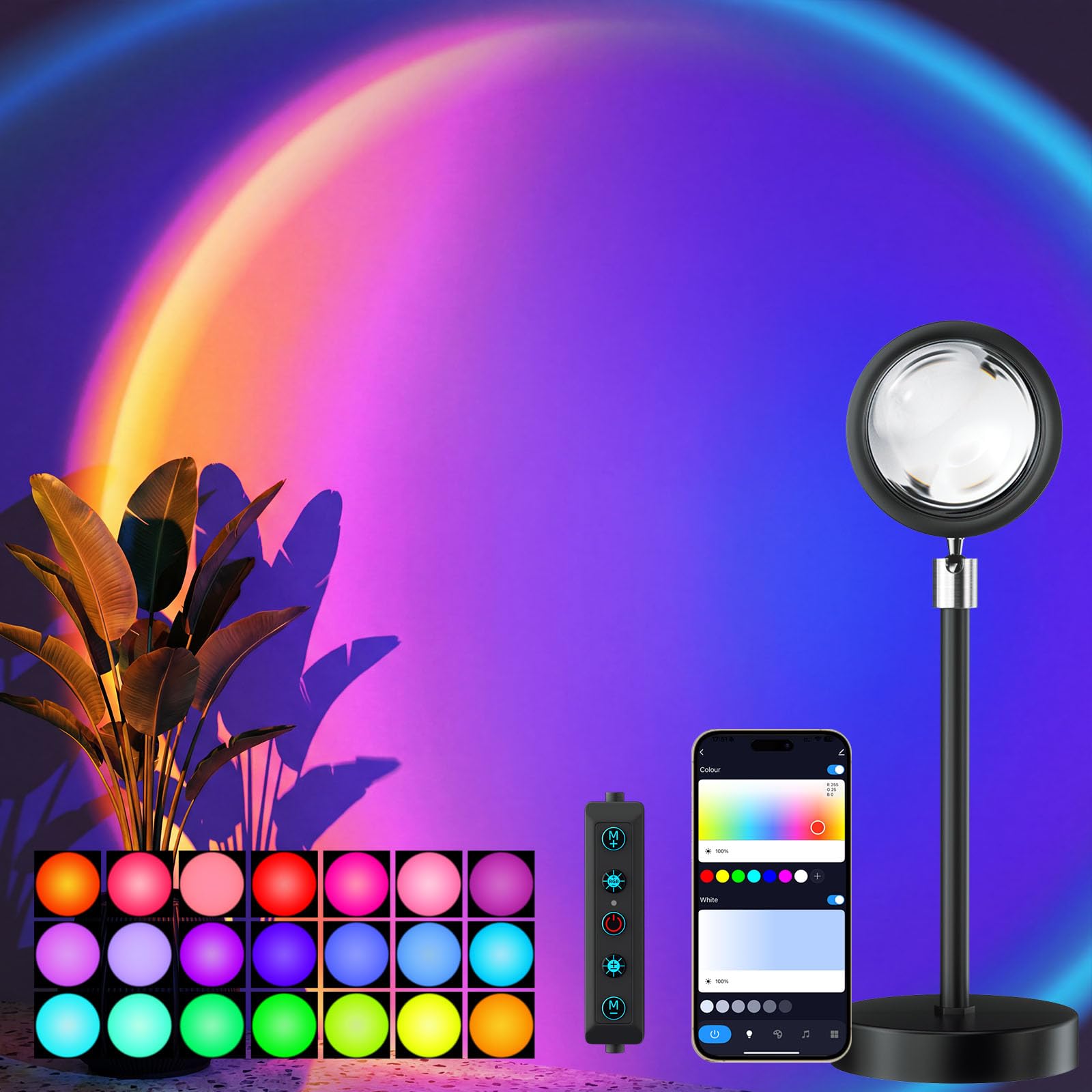 Bavcieu Sunset Lamp Projector Led Lights with APP  Push Button Control Night Light RGB Lights Sun Light Sunrise Lamp 360 Rotation Mood Lighting Home/Room Decor Gifts for Women Desktop Multicolor
