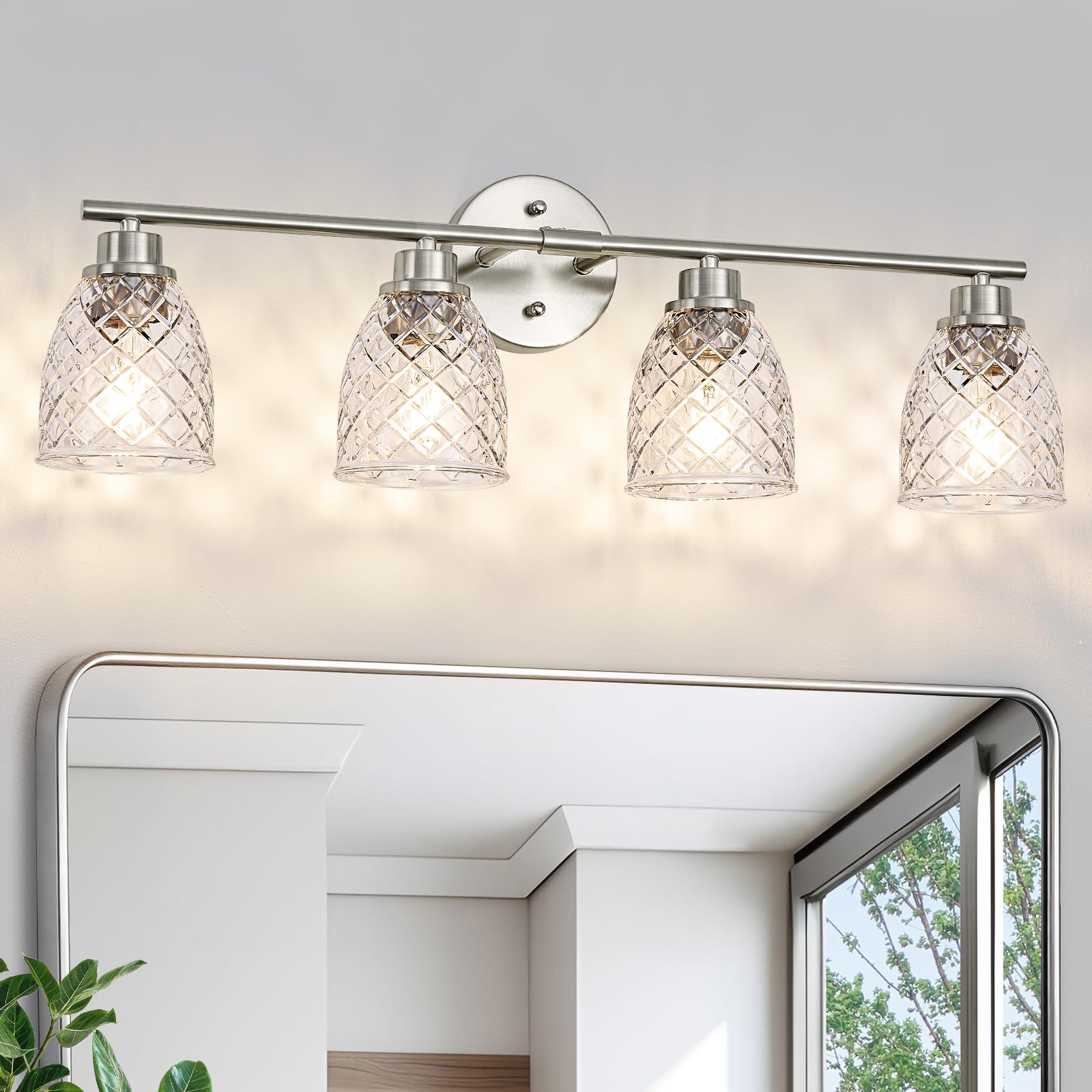 Szohva 4-Light Bathroom Light Fixtures, Modern Brushed Nickel Vanity Light Over Mirror, Wall Sconce with Clear Hammered Glass Sh