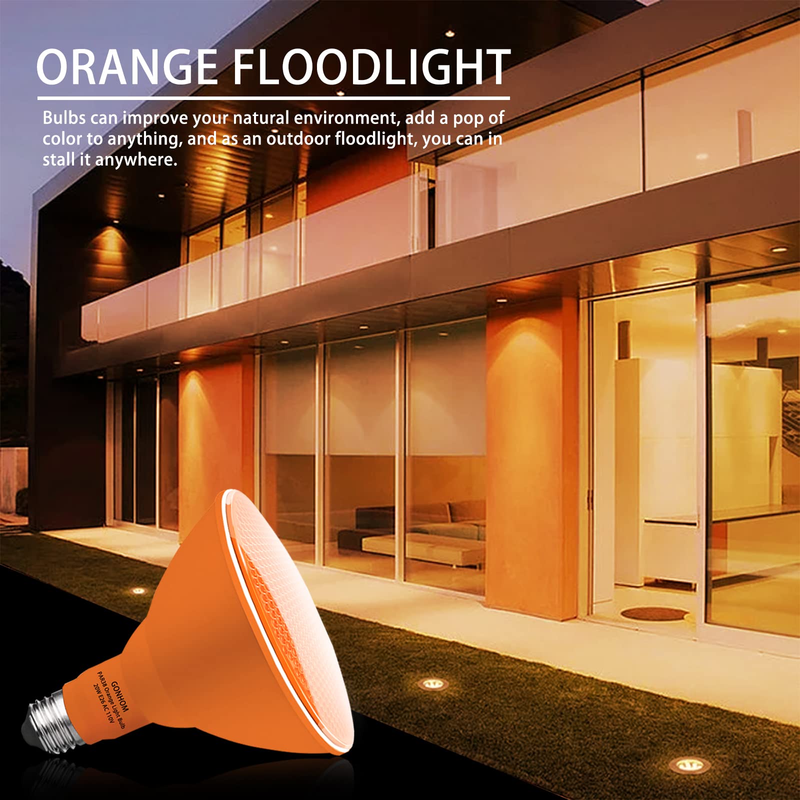 Gonhom 2 Pack 20W Orange Led Par38 Outdoor Flood Light Bulbs For Halloween & Holiday Decor
