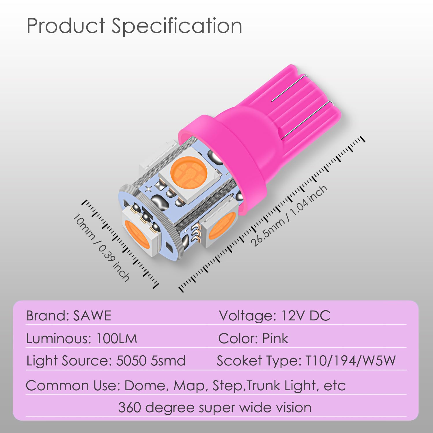 SAWE LED License Plate Dome Map Lights Bulbs, 5-SMD, Pack of 8, Pink/Purple