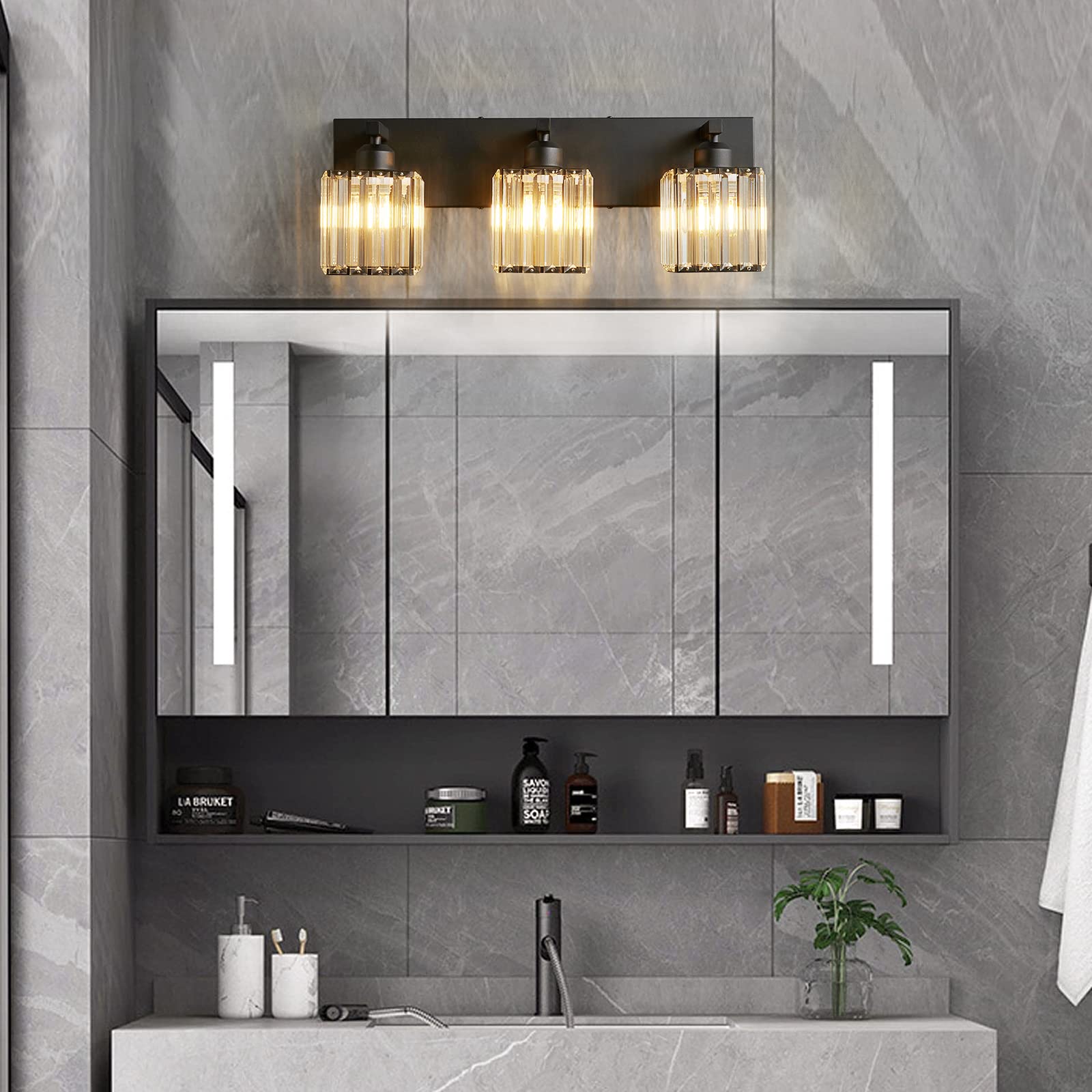 Fdpby Modern Black Crystal Bathroom Vanity Light - 3-Lights Wall Light Fixture