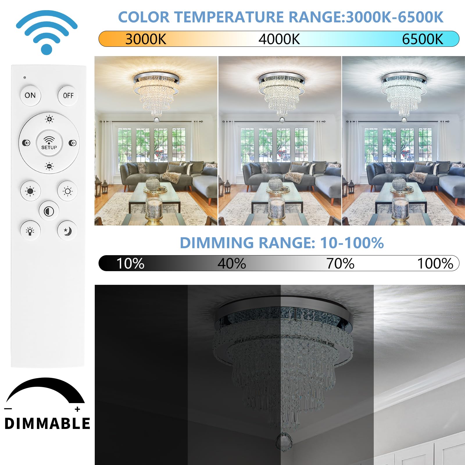 Hongnuofc 16'' Crystal Flush Mount Ceiling Light Fixtures With Remote Control - Round Modern Led Chandelier For Bedroom, Living