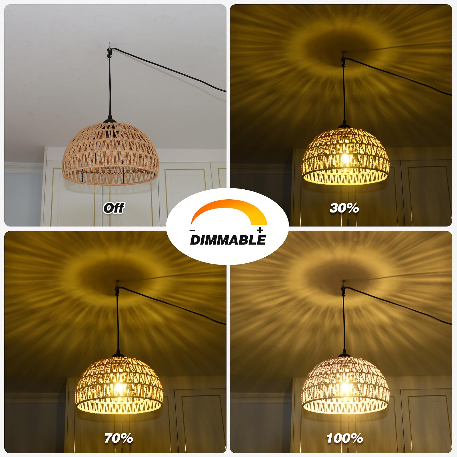 Plug In Pendant Light, 15Ft Hemp Rope Cord,Hanging Light With Plug In Cord Dimmable Switch Rattan Hanging Lamp Wicker Woven Basket Lampshade, Industrial Plug In Ceiling Light Fixture For Kitchen Brown
