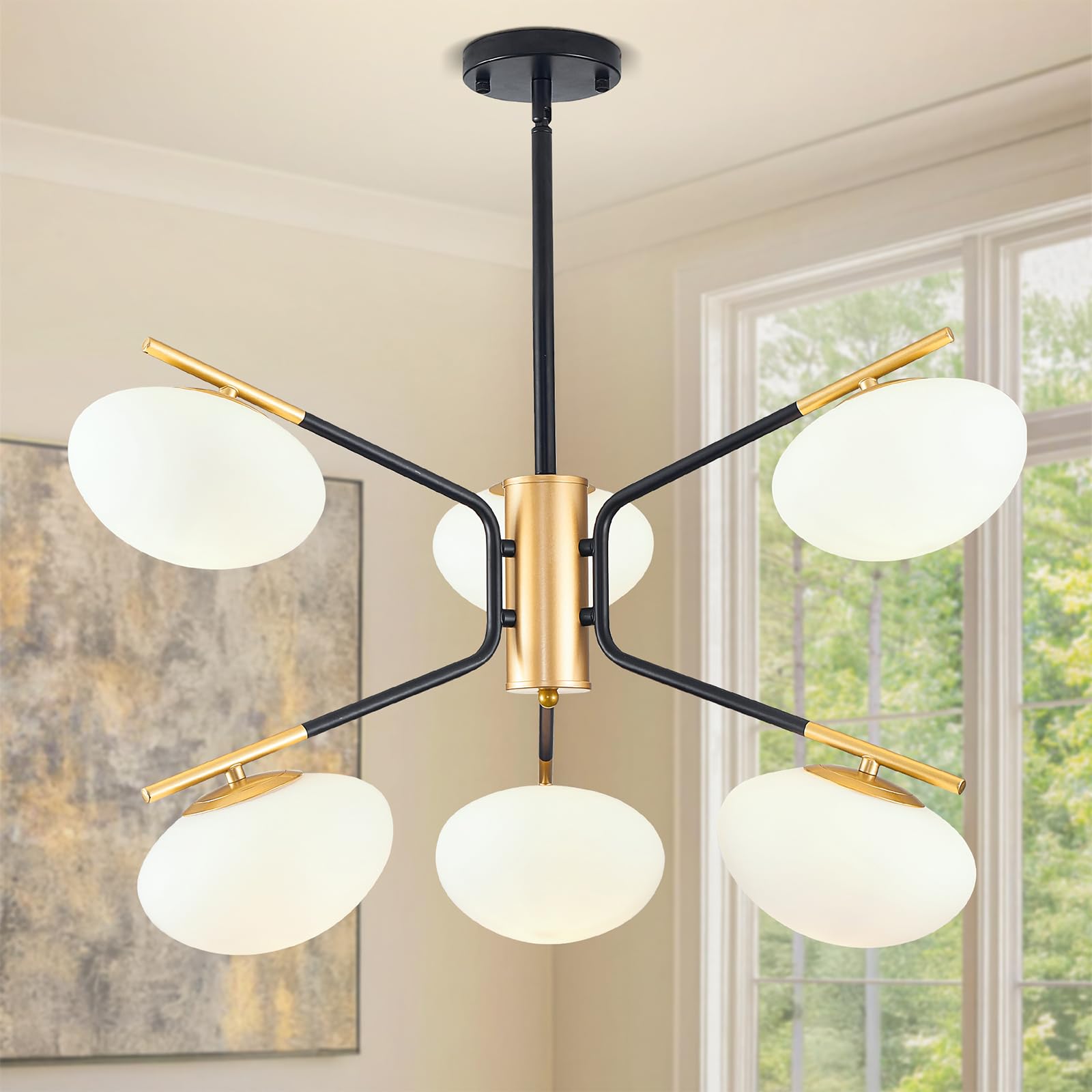 WJShome 6-Light Modern Sputnik Chandelier, Black and Gold Ceiling Light Fixture, Mid-Century Dining Room Chandeliers, with Milk 