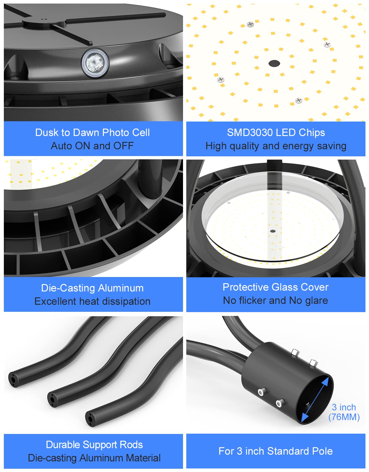 Kukuppo 150W Led Post Top Light Etl&Dlc Listed 21000Lm, 150W/120W/90W Wattage Selectable Led Post Pole Top Light Dusk To Dawn Ip