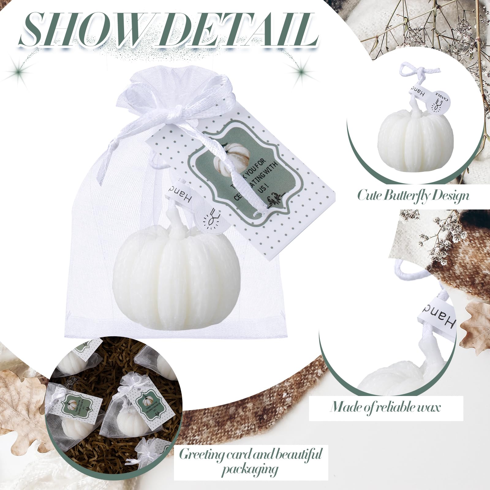 Treela Pumpkin Candles Set of 24, Fall Baby Shower Party Favors, White, Autumn Wedding Gifts