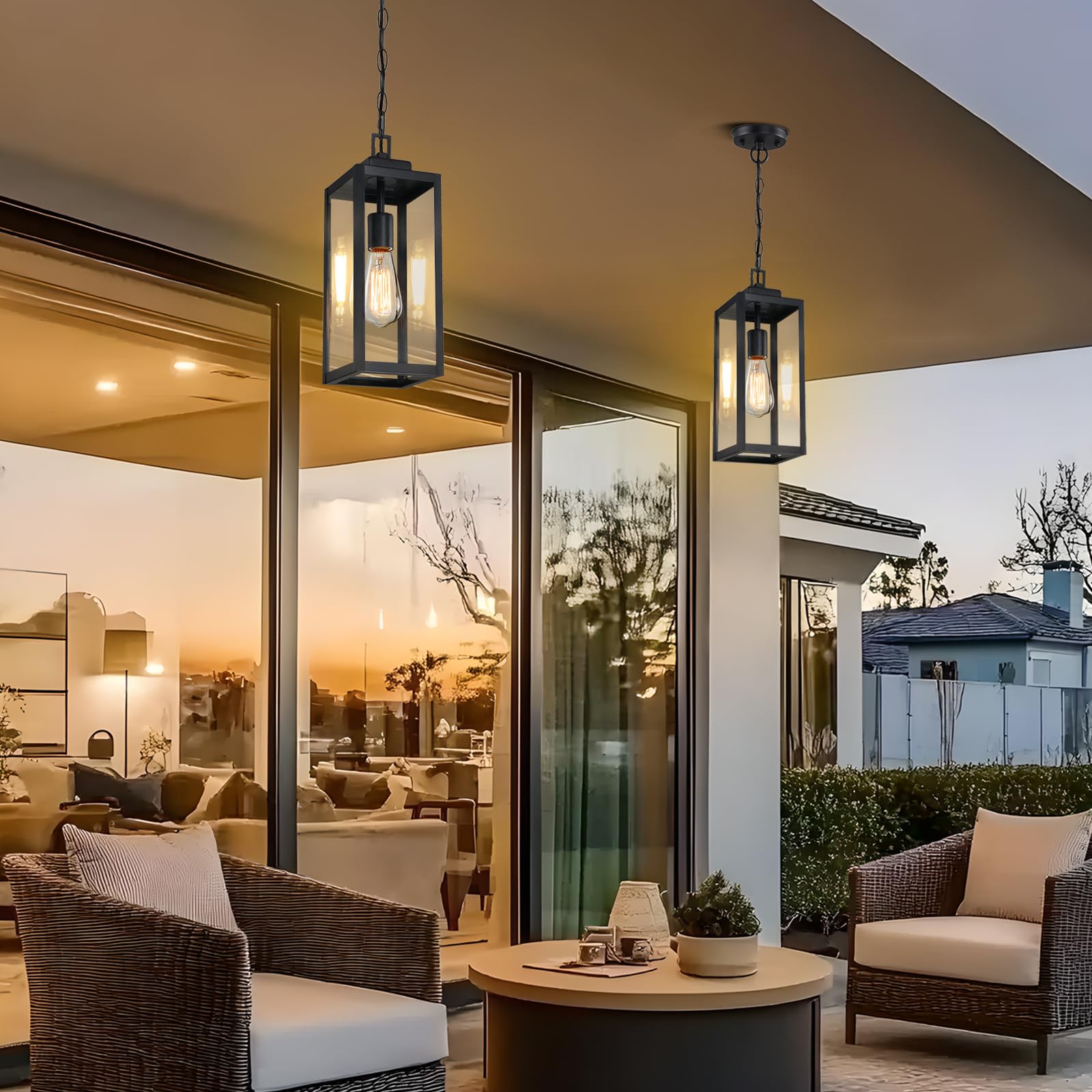 Myhxq 2 Packs 15'' Large Outdoor Pendant Light, Modern Outside Chandelier Outdoor Hanging Lantern Light, Matte Black With Clear