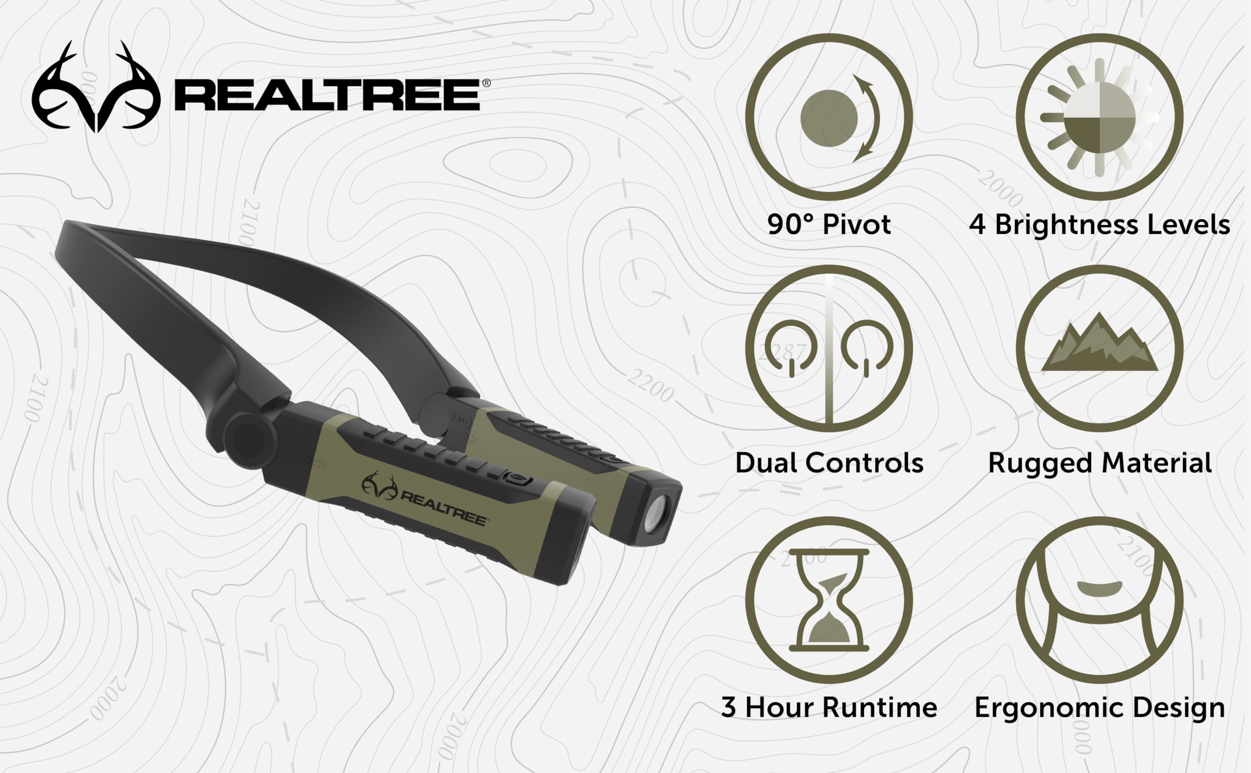 Realtree Alkaline Neck Light For Hands-Free Lighting With High And Low Brightness Modes Great For Camping Light, Hunting Light,