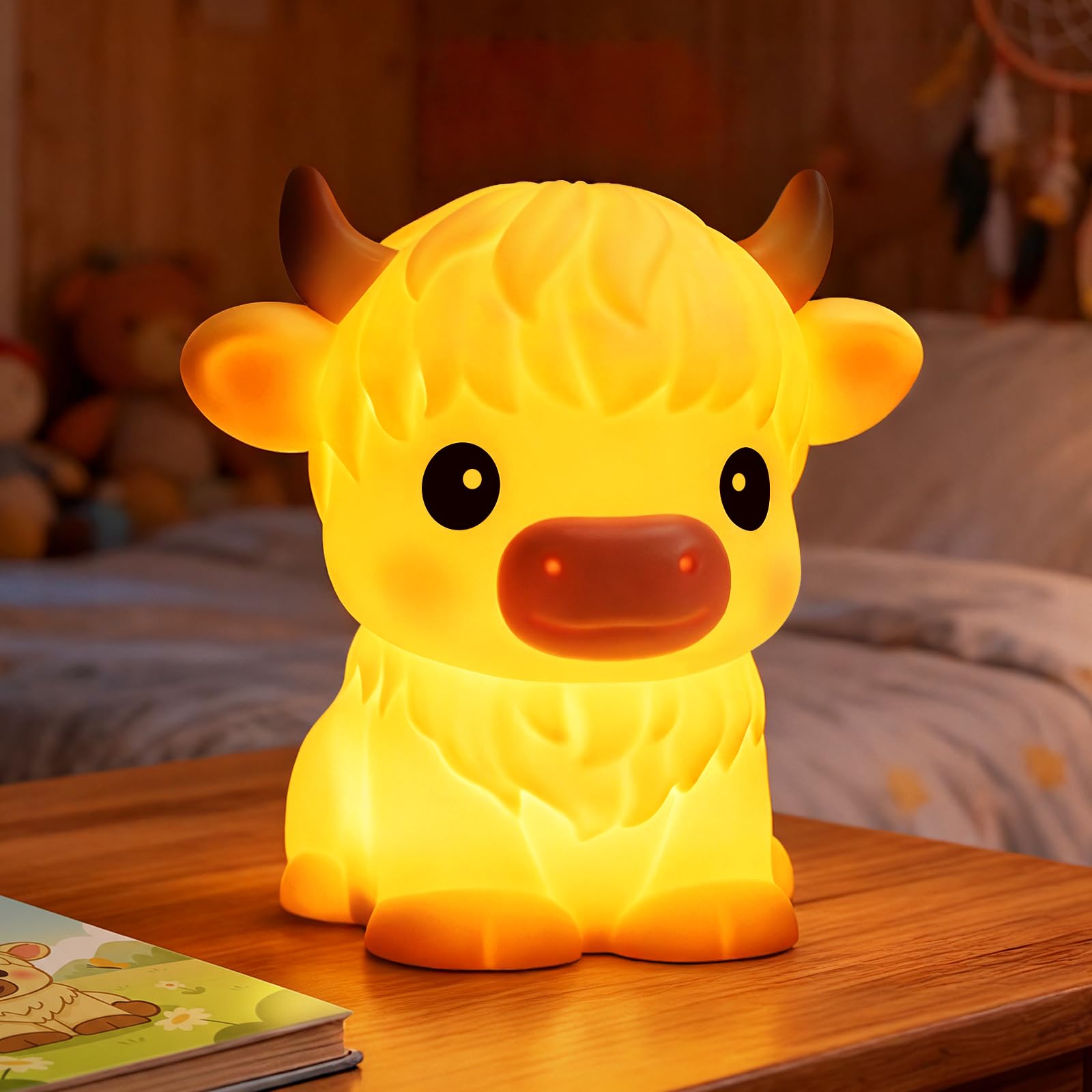 Mewaii Huggwaii Highland Cow Night Light for Kids, Dimmable Squishy Silicone Animal Night Light Touch Cow Lamp, Highland Cow Gif