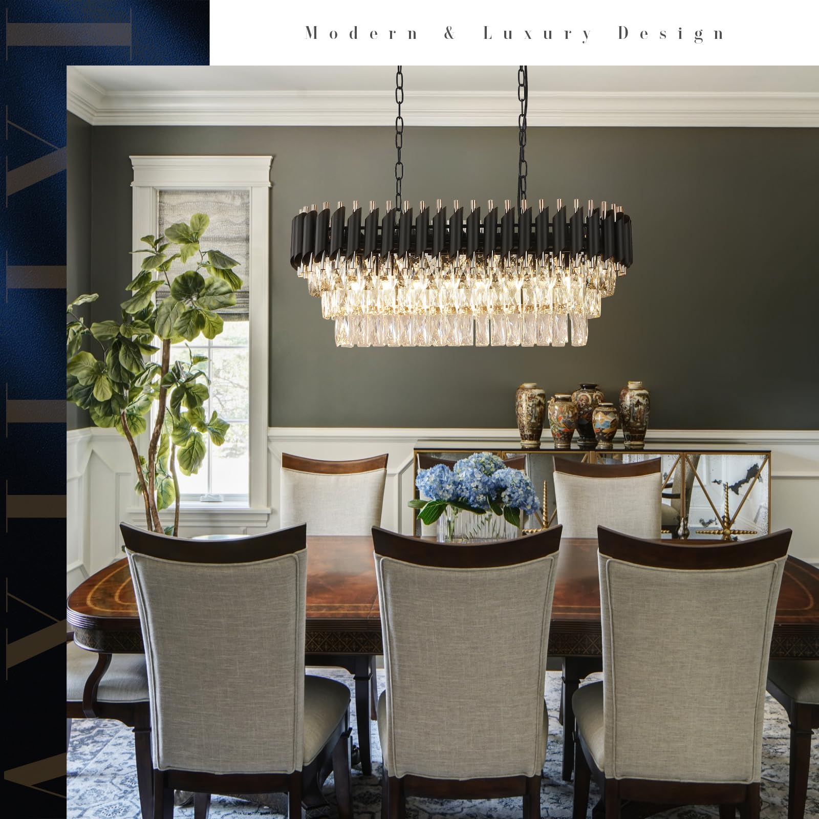 A AXILIXI Modern Rectangular Chandelier, 32" Black & Gold Crystal, 8 Lights, Model 8801, Luxury Pendant Light for Dining Room & Kitchen Island