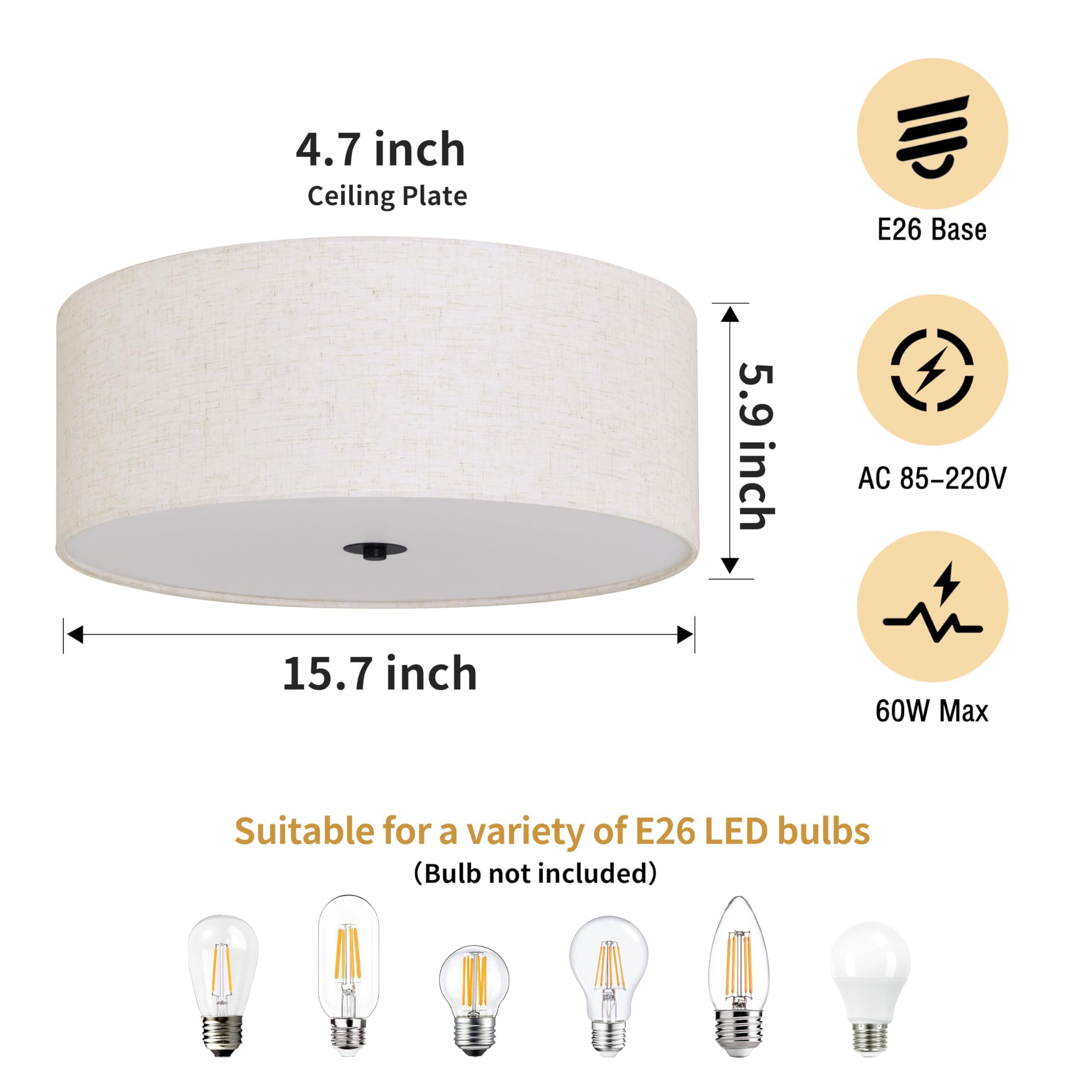 Bagood 15.7 Inch 3-Light Drum Modern Black Ceiling Light Fixture Flush Mount Ceiling Light Fixture Dimmable Close To Ceiling Lig