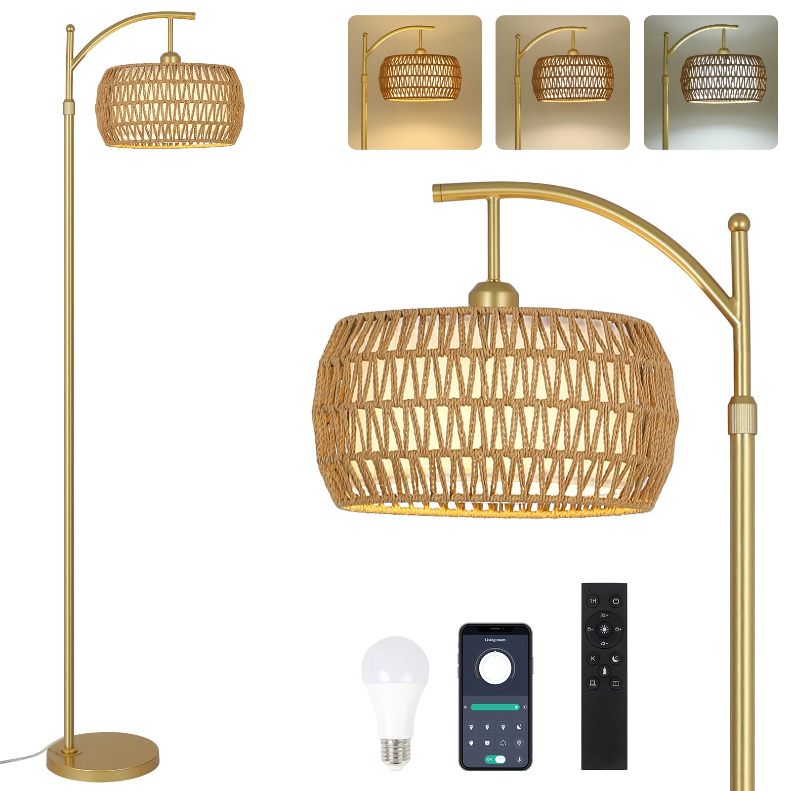 eyassi Arc Floor Lamp with 3 Color Temperatures, LED Gold Floor Lamp with Remote & Stepless Dimmable Bulb, Boho Standing Lamp wi
