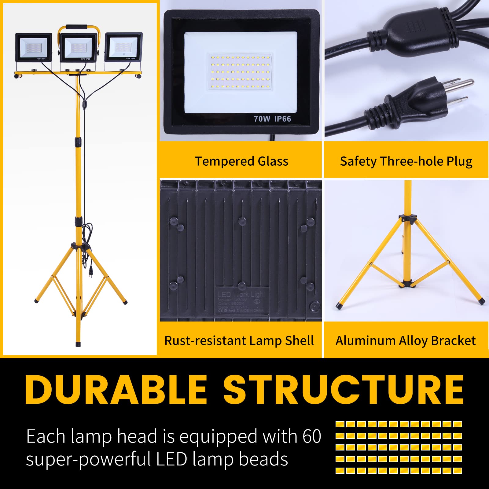 21000 Lumen Work Lights With Stand, 3 Adjustable Head Led Work Light, With Adjustable And Foldable Tripod Stand, Waterproof Lamp With Individual Switch With 6500 Kelvin Color Temperature