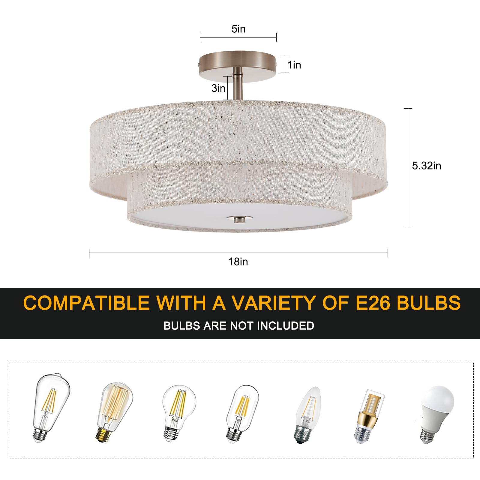 Widluth 18 Semi Flush Mount Ceiling Light 3-Light Modern Linen Drum Ceiling Lighting With Chrome Finish  Vintage Ceiling Light For Living Room  Kitchen  Basement  Laundry Room  Bedroom