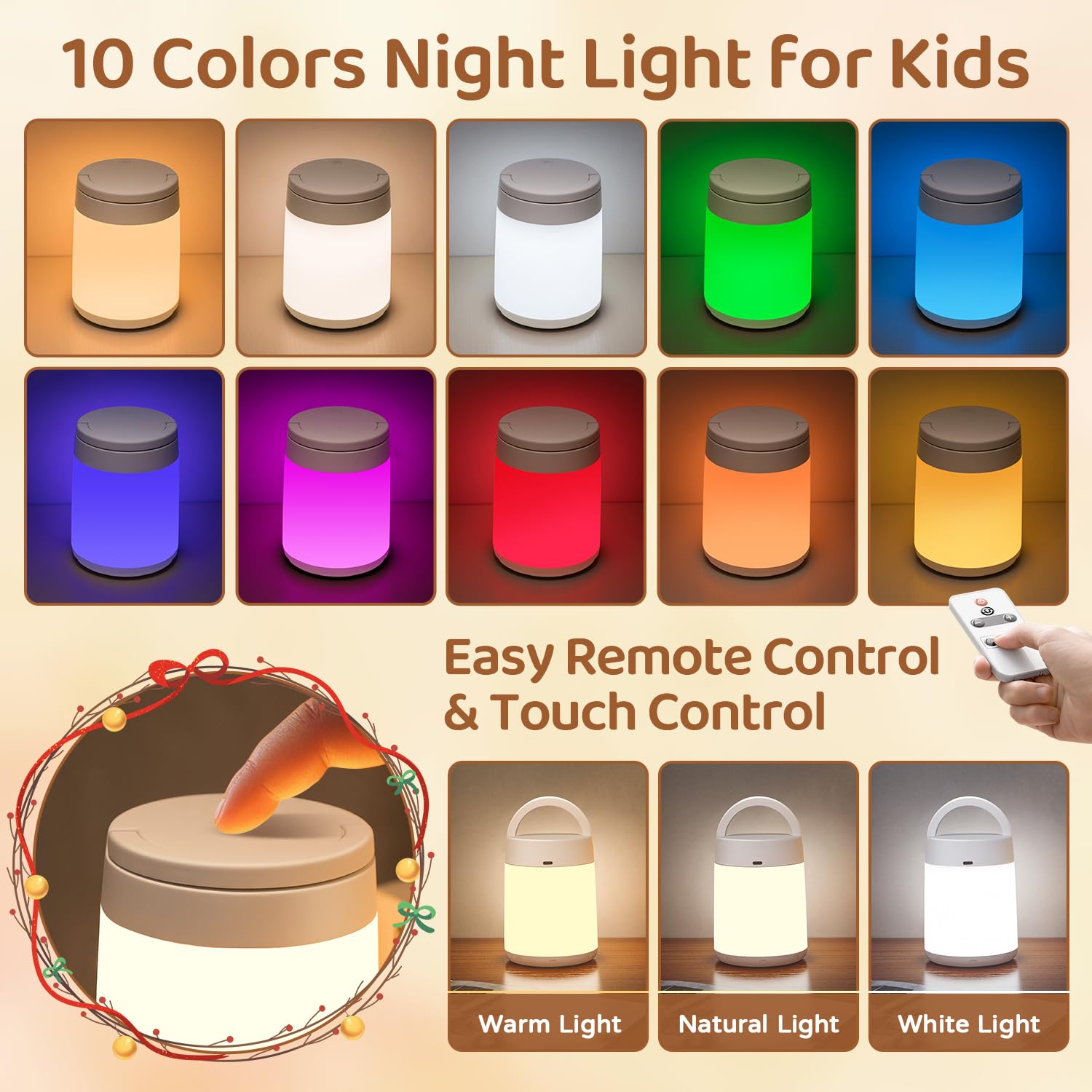One Fire Kids Night Light - Dimmable 10 Colors, Rechargeable Portable Lamp, Touch Control, Model: Luz nocturna de bebé