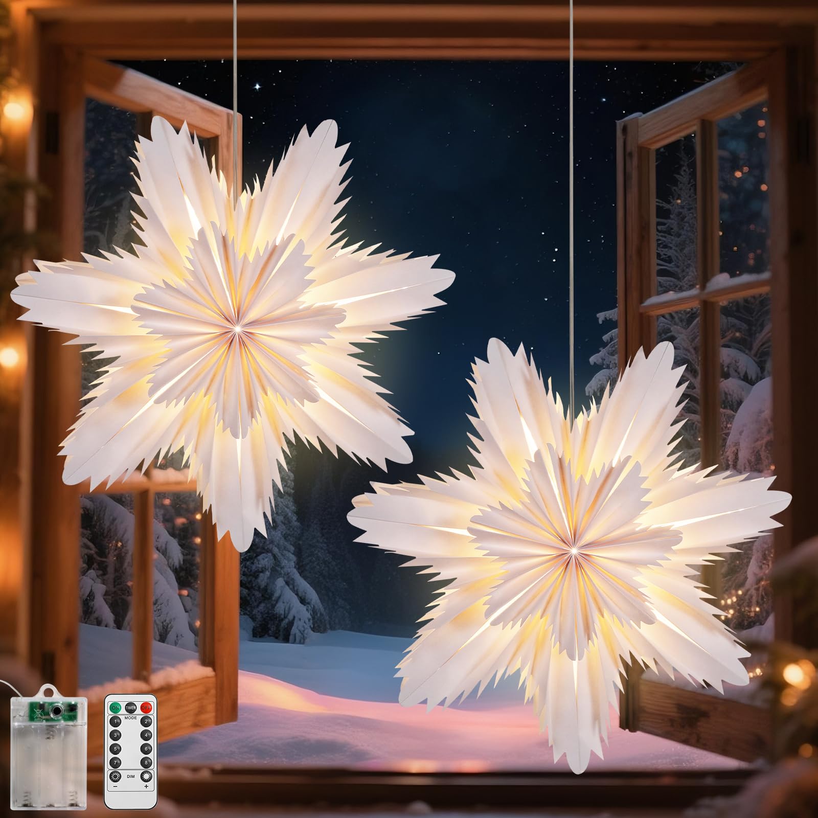 Lewondr Christmas Paper Star Lantern 2 Pack, Hanging Cherry Blossom Light with Remote Control, LED Paper Lanterns with 6H Timer 