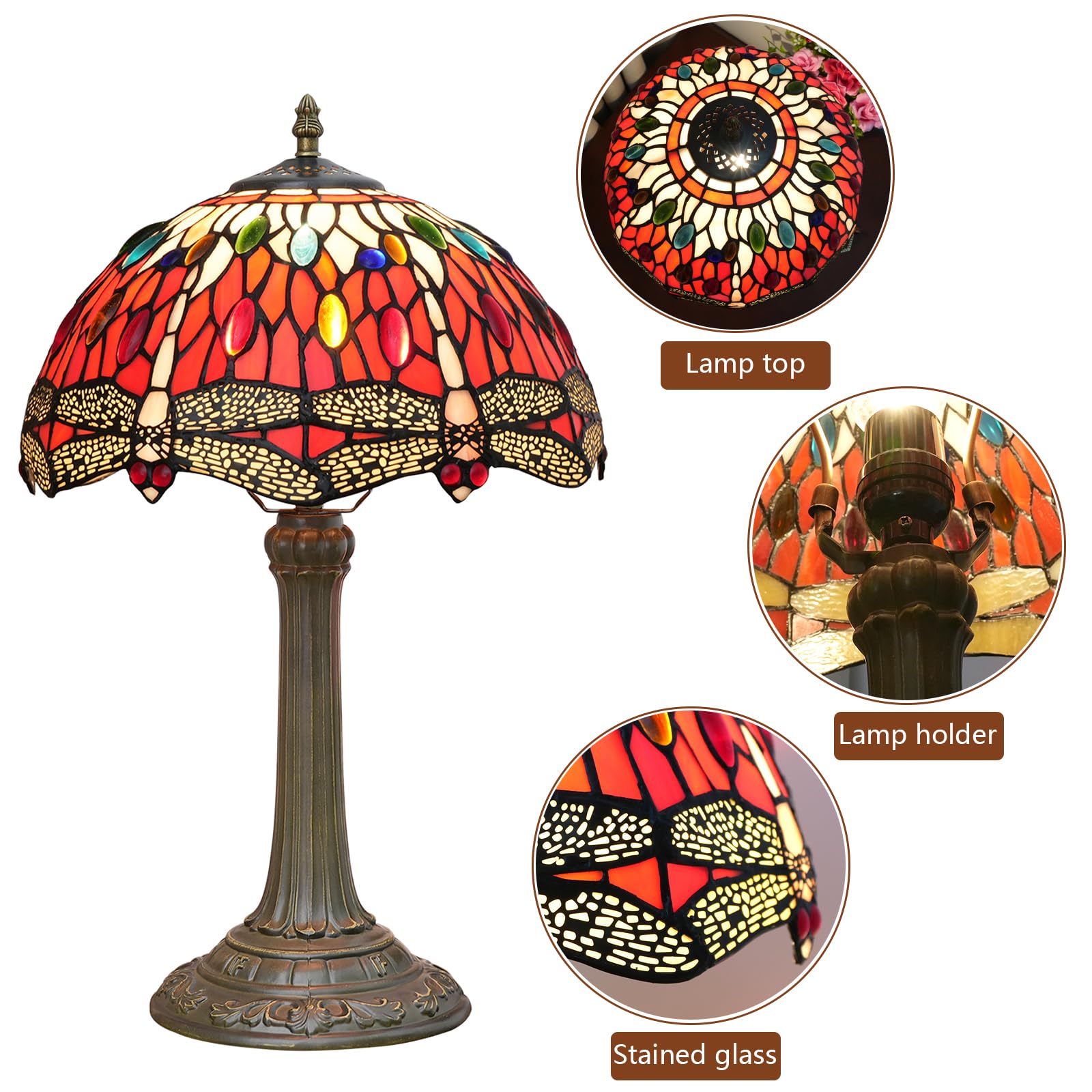 Blivuself Tiffany Lamp Dragonfly Style Stained Glass Red Lamp 12 Inch Bedside Table Lamp Retro Metal Reading Lamps For Dorm Offi