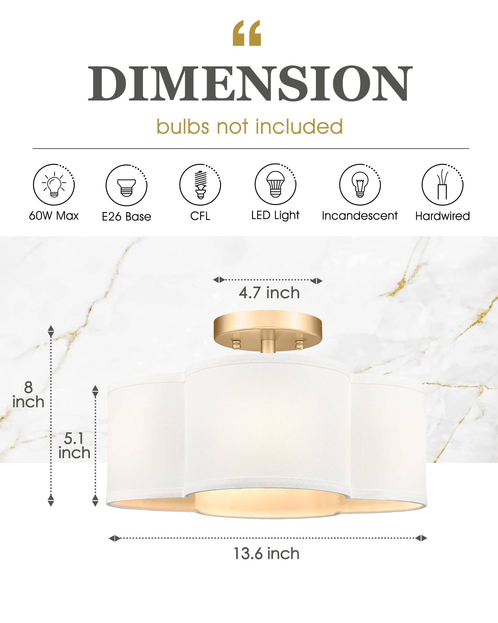Audickic Gold Semi Flush Mount Ceiling Light, 14" 4-Light Fabric Shade, Quatrefoil Design for Kitchen, Dining, Hallway, Bedroom