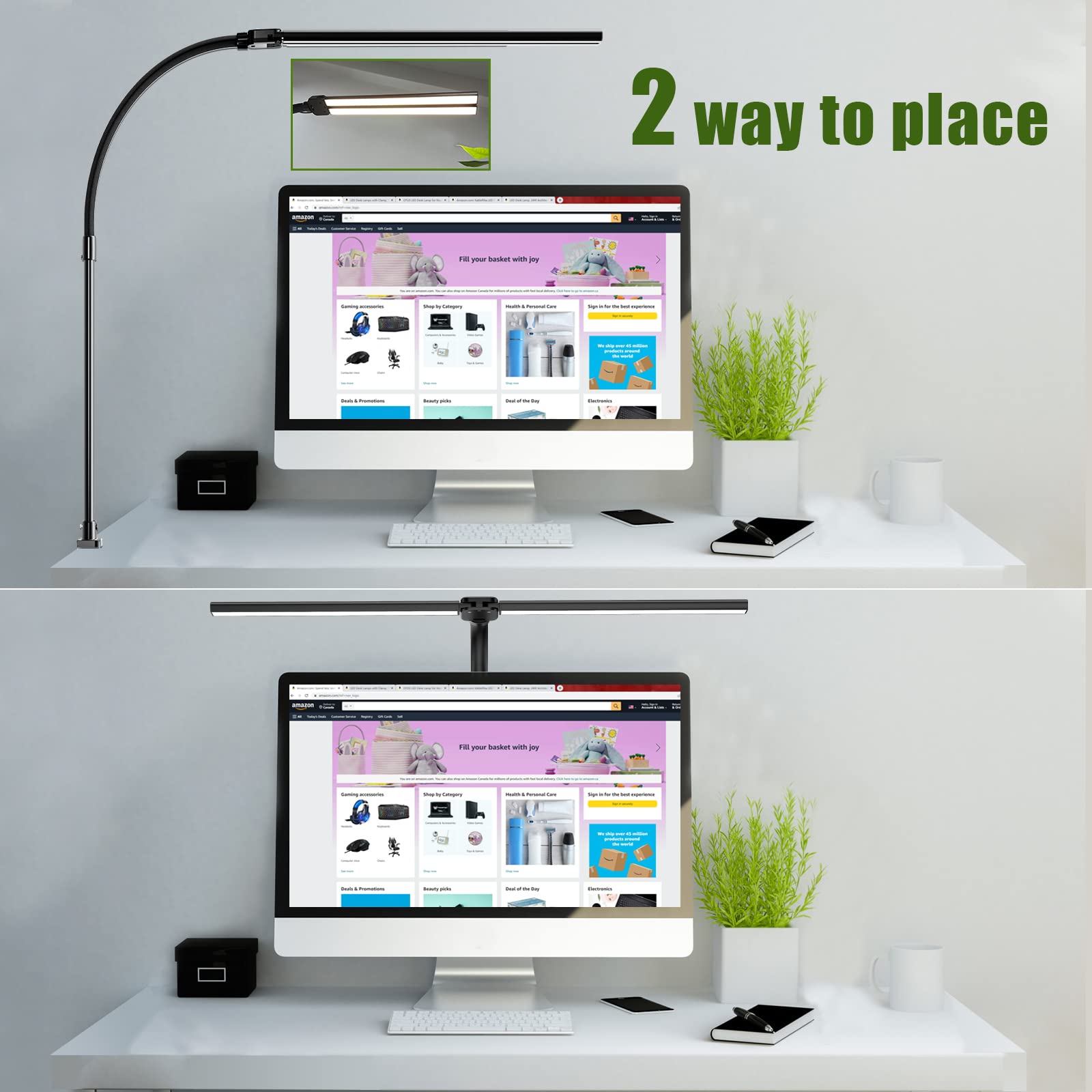 Ksunun Double Head LED Desk Lamp - 24W, 5 Color Modes, Dimmable, Eye Protection - Big, Black, Model: zydgjpl-0012