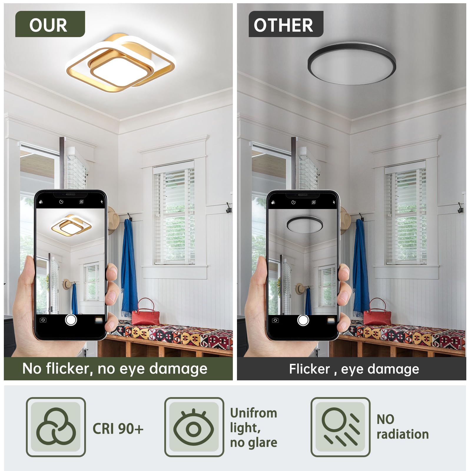 CANEOE Gold Ceiling Light, Modern Square Fixture, Cool White 6000K, Model GDD-32FGD-C, Ideal for Hallway, Bedroom, Kitchen