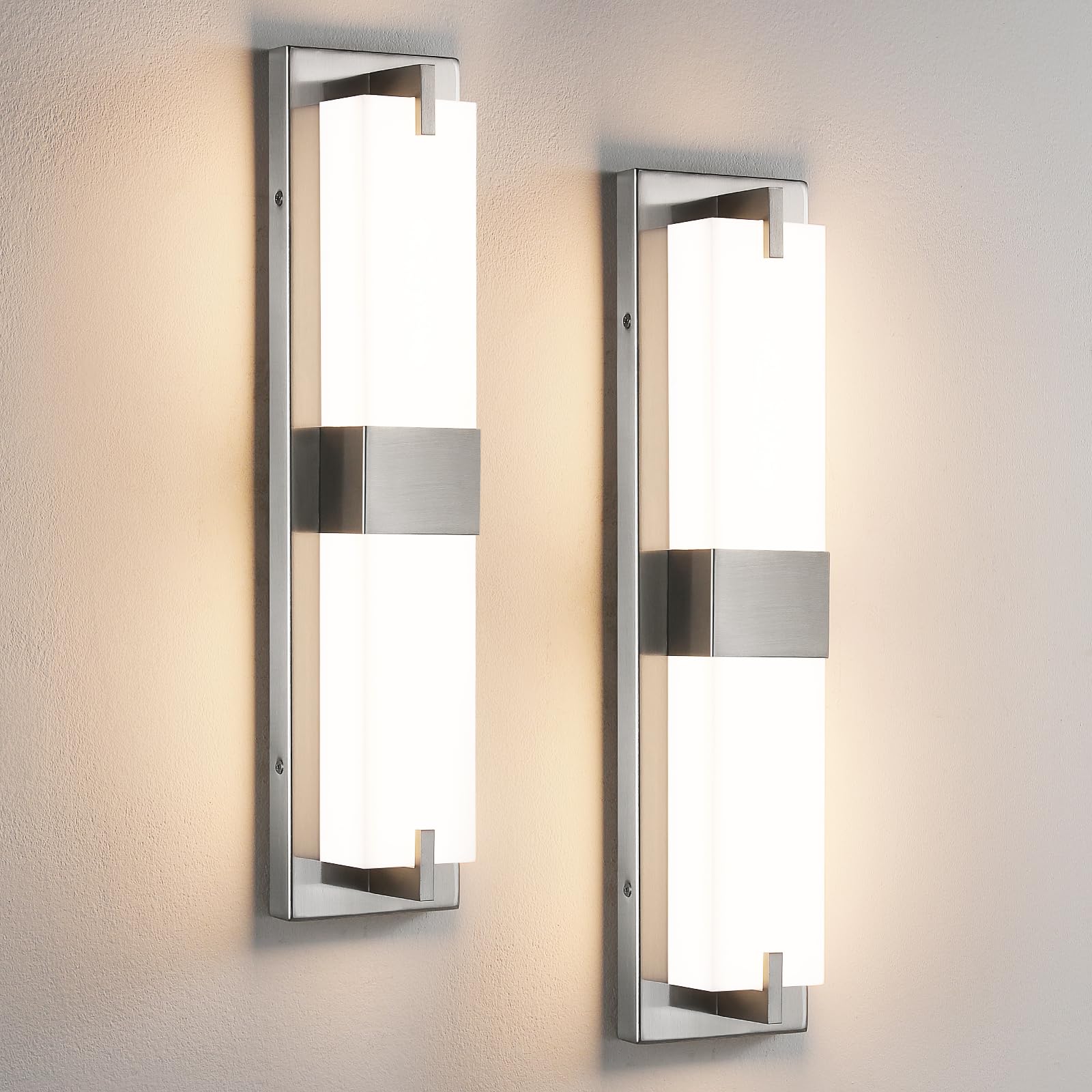 Woshitu Nickel Wall Sconce Light - Modern Dimmable Wall Sconces Set Of Two Led 3000K 24W Bathroom Vanity Light With Acrylic Shade Indoor Hardwired Sconce Lighting For Bedroom/Living Room/Hallway/Stair