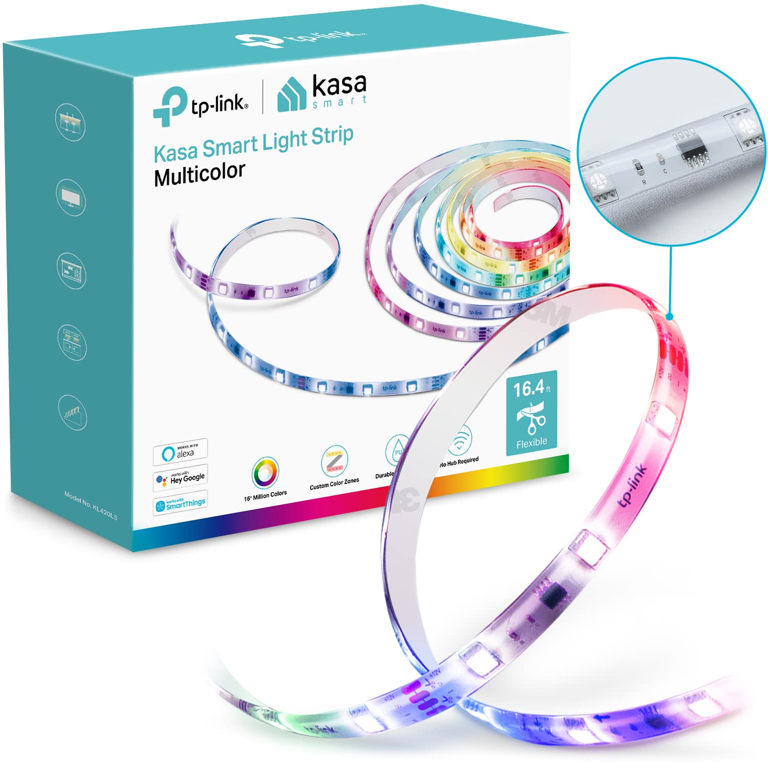 Kasa Smart Led Light Strip, 50 Color Zones Rgbic, 16.4Ft Wi-Fi Led Strip Works W/ Alexa, Google Home & Smartthings, High Brightness, 16M Colors, Pu Coating, Trimmable, 2 Yr Warranty (Kl420L5)