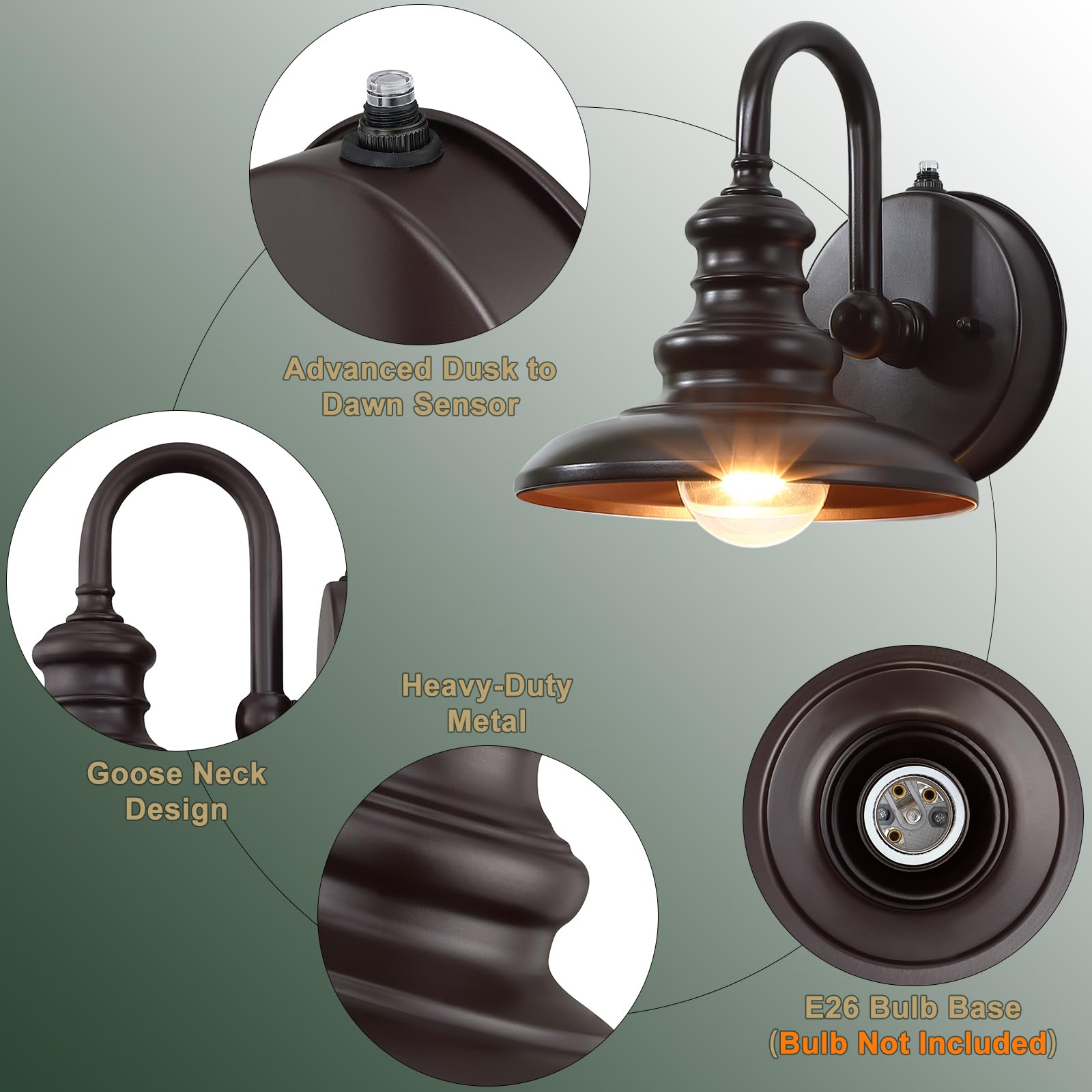 LONEDRUID Gooseneck Barn Light Fixture, Waterproof Metal Wall Sconce, Brown, Modern Outdoor Lantern for Porch, Garage, Patio