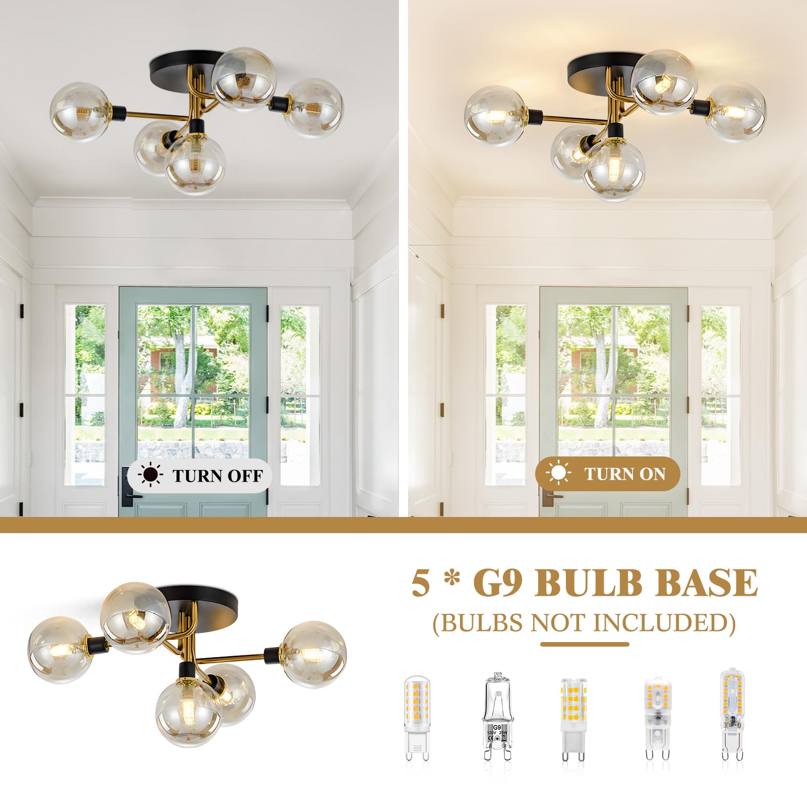 Kco Lighting 5-Light Mid-Century Modern Glass Globe Semi Flush Mount Ceiling Light Black And Gold Brush Metal Sputnik Chandelier