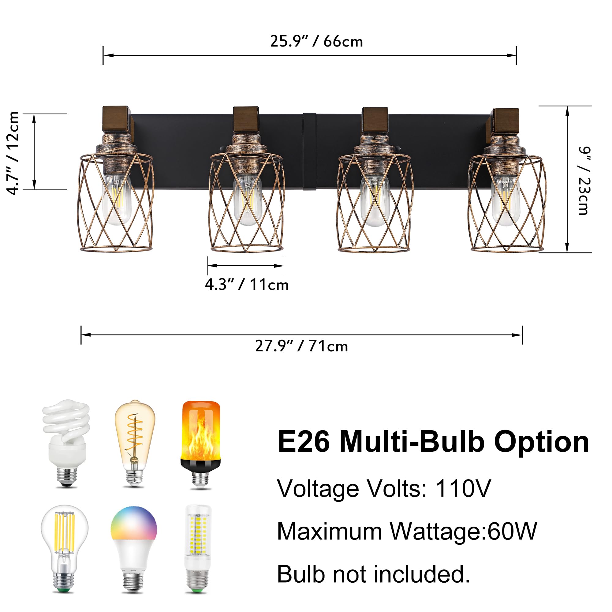 Farmhouse Bathroom Vanity Light  4-Light Wood Bathroom Light Fixtures Over Mirror  Black And Gold Industrial Vanity Lights With Metal Shade  Rustic Bathrooms Lighting For Living Room Bedroom Hallway