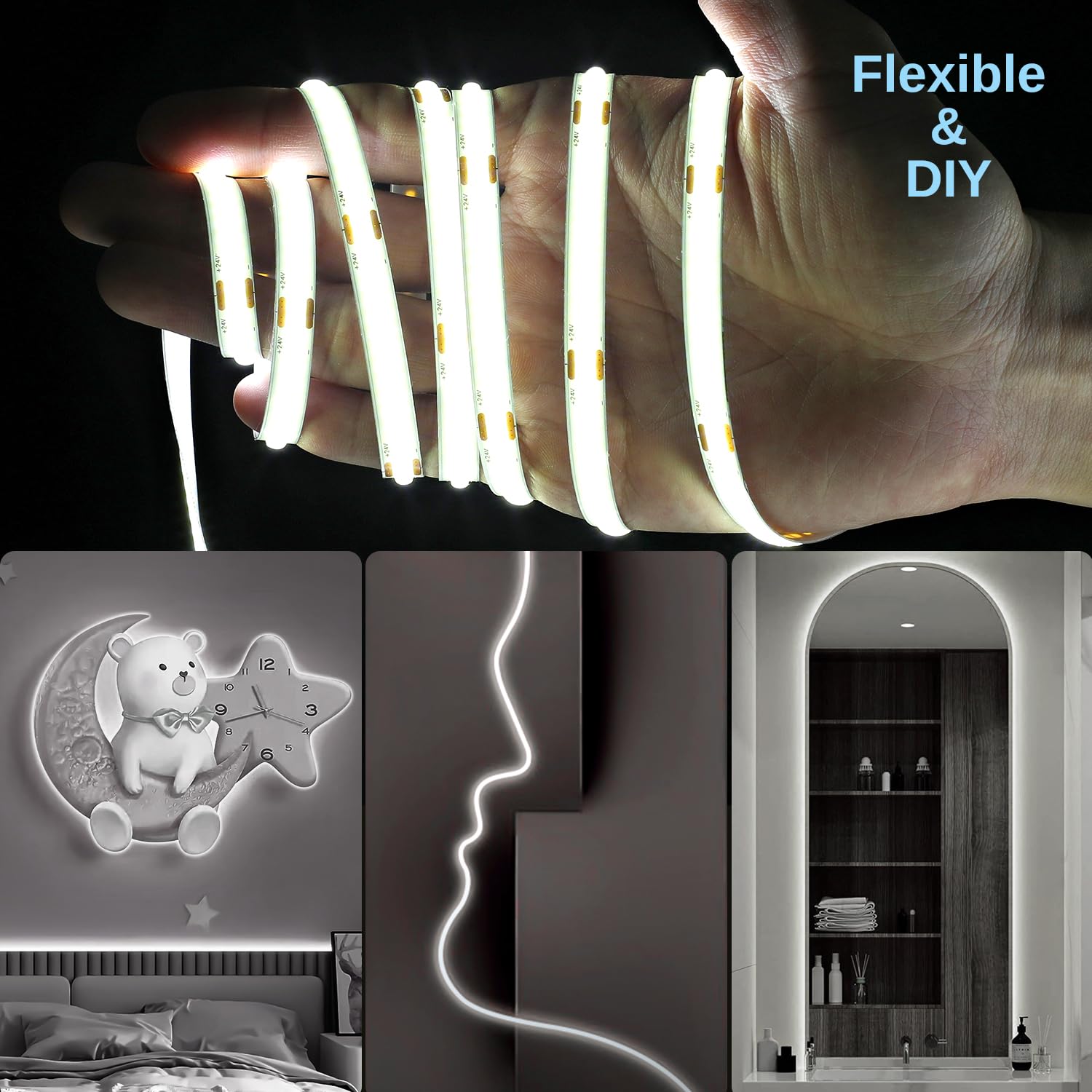 Wefomey COB LED Strip Light, 65.6ft Dimmable 6500K Daylight White, Flexible Plastic Tape, Model WF-COBCW-10M