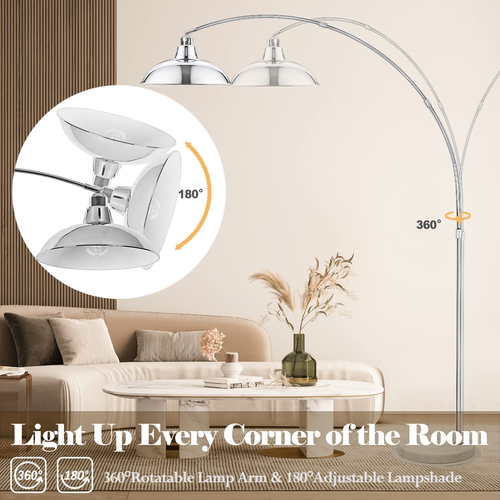 Filiyano Modern 77'' Arc Floor Lamp - Adjustable Sliver Standing Lamp For Living Room, Rotatable Arch Metal Pole Task Lamp Over