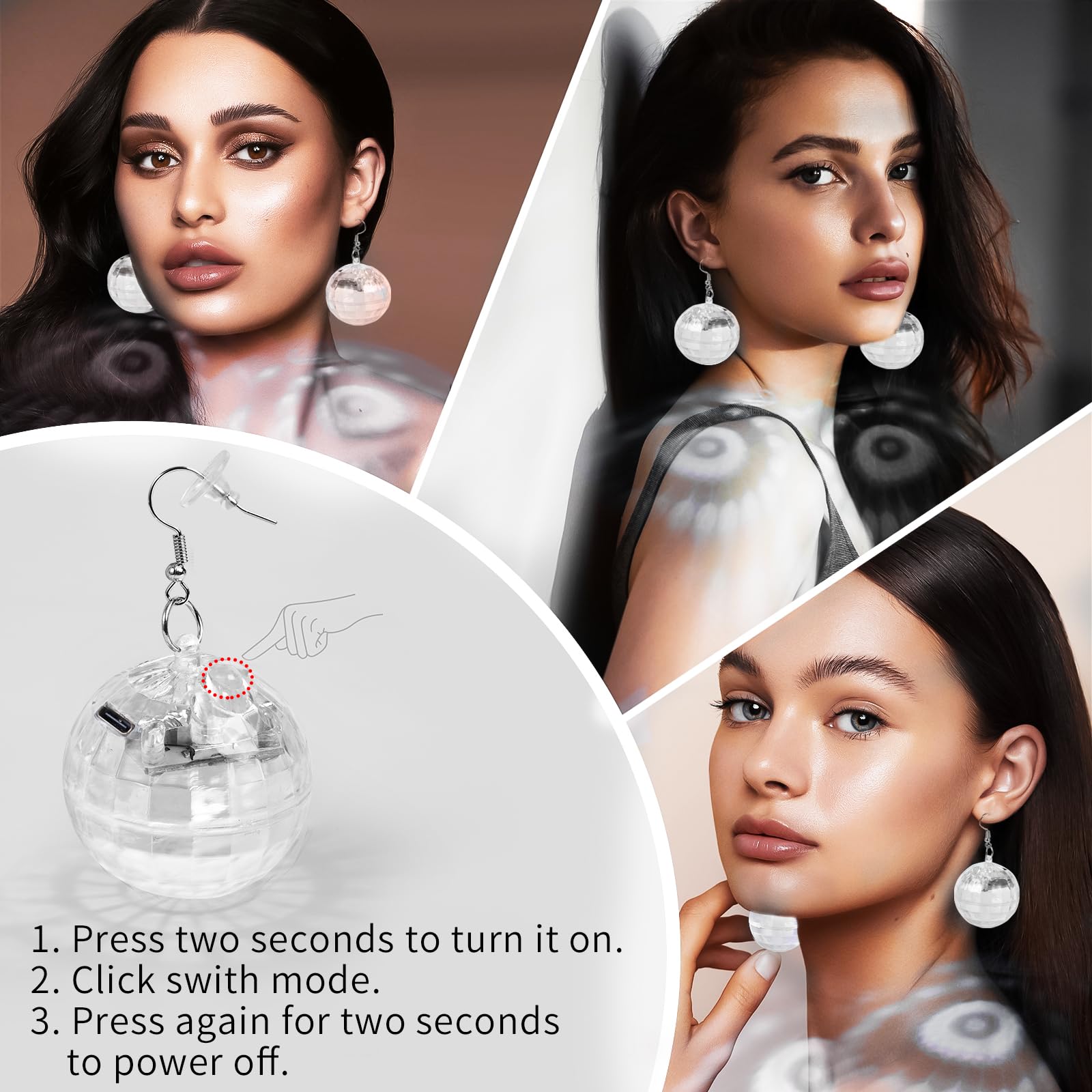 RAHAN LED Disco Ball Earrings, Rechargeable, 3 Light Modes, White, Model: disco-white